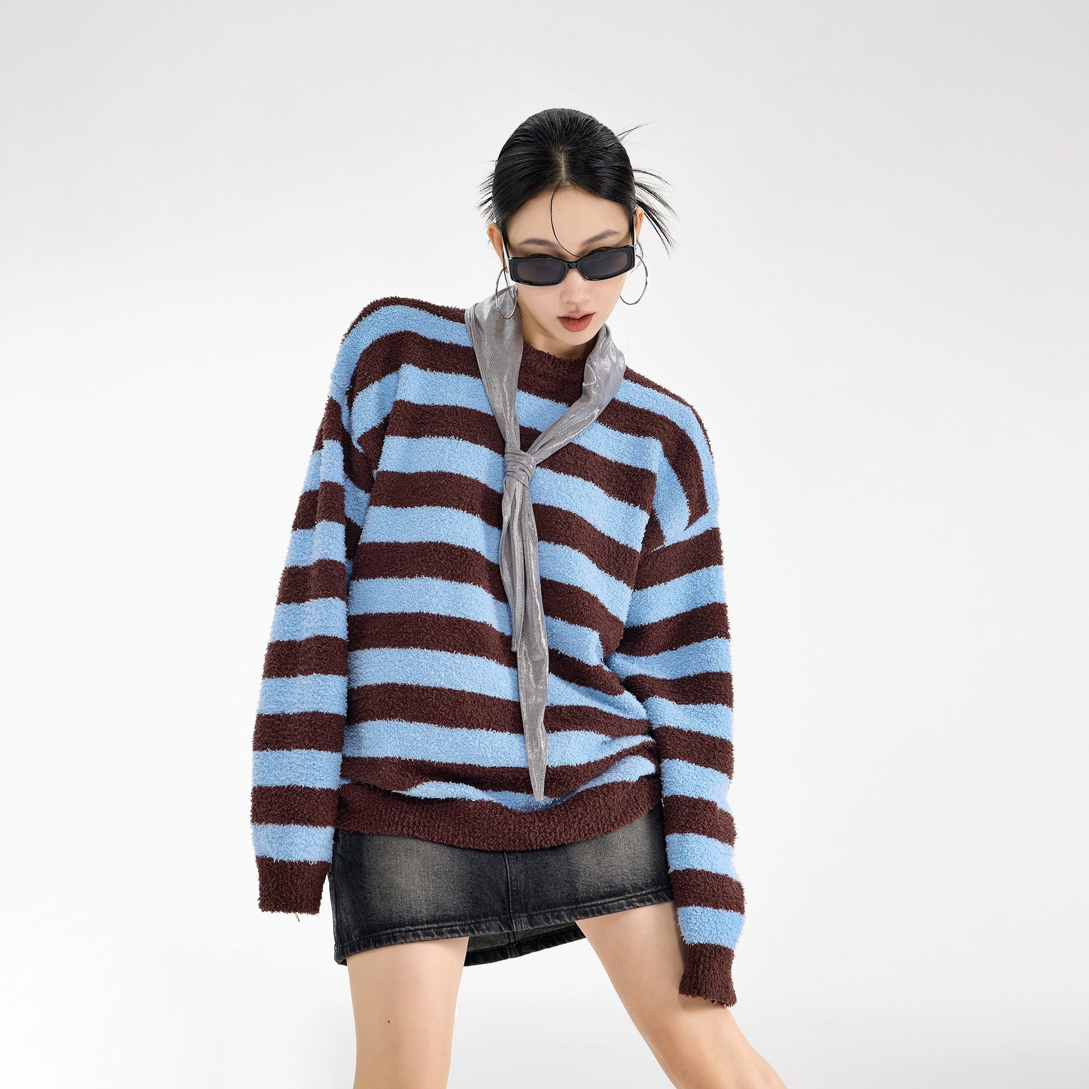 ICH MODE 美式复古撞色条纹圆领毛衣女秋冬季慵懒长袖针织衫上衣