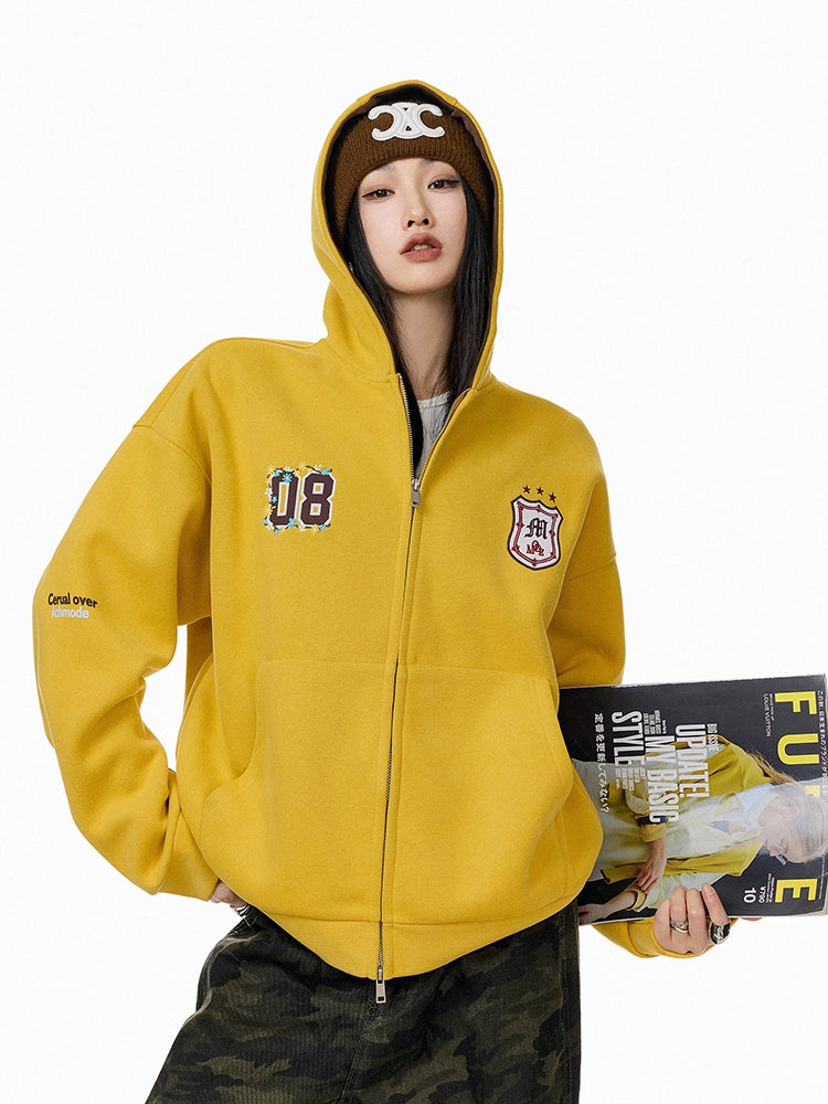 ICH MODE 美式复古撞色刺绣开衫外套女2025秋冬新款休闲连帽卫衣