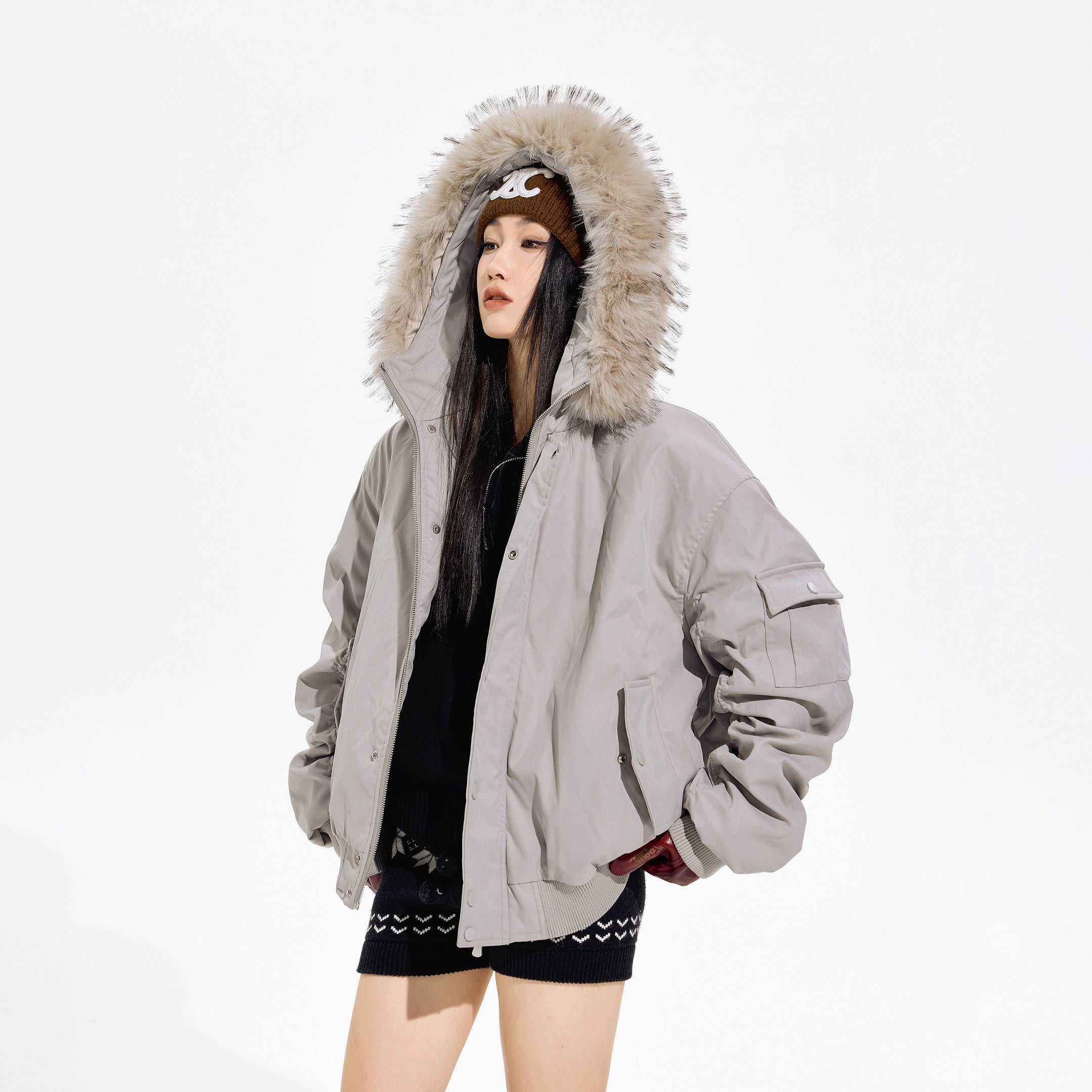 ICH MODE 美式复古毛领加厚棉服女秋冬季宽松保暖派克服棉衣外套