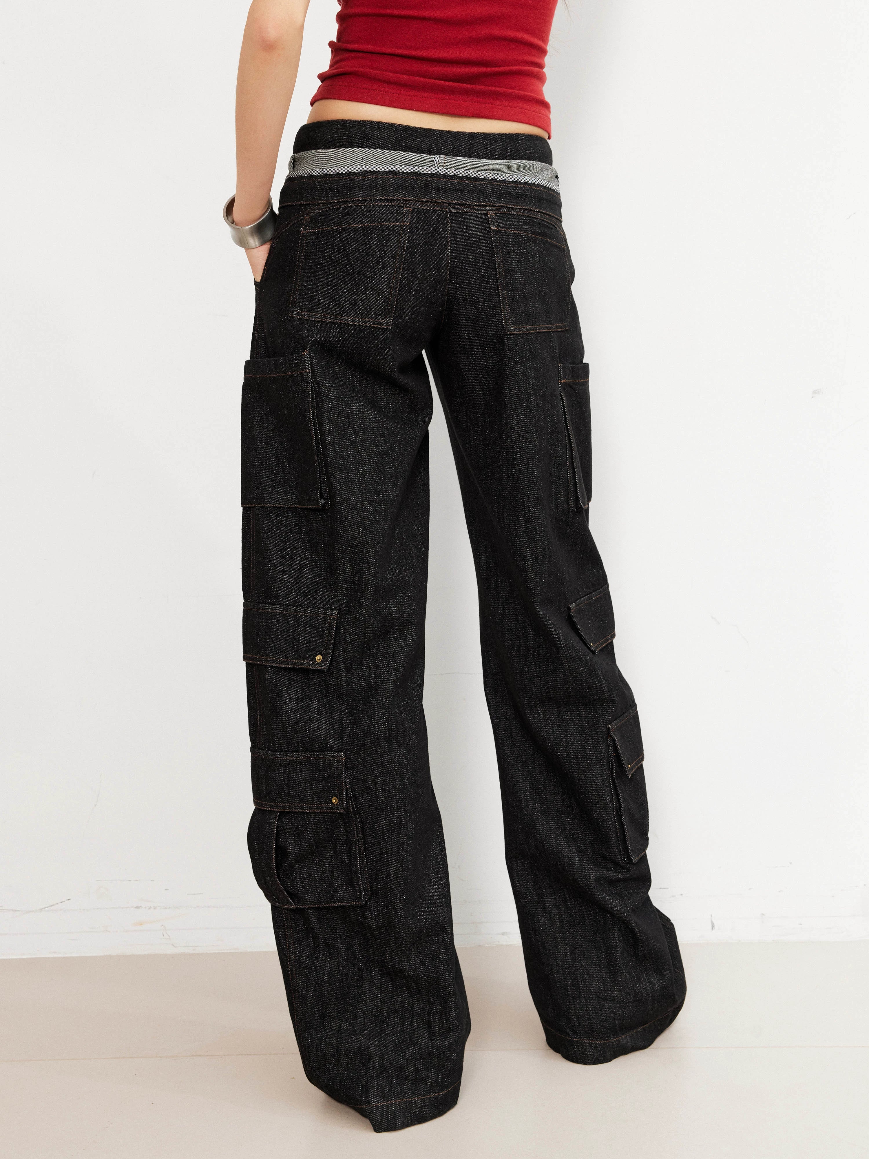 2th Desire美式复古多口袋立体双腰头剪裁低腰弯刀工装直筒牛仔裤