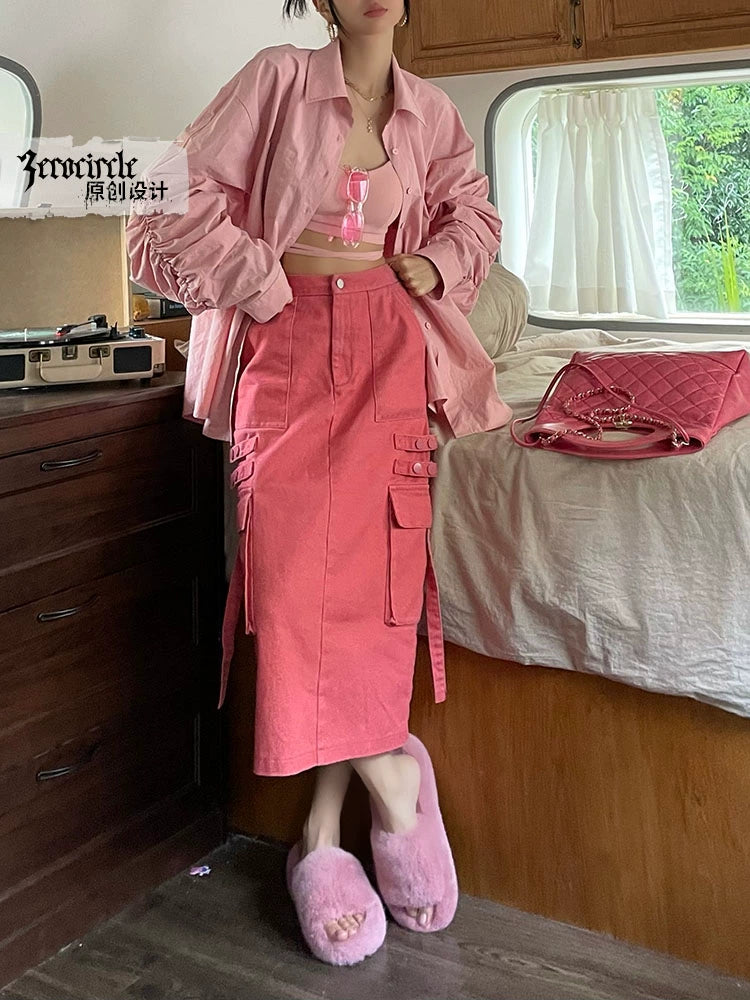 野生zerocircle绿色半身裙女春夏设计感高腰显瘦开叉中长工装裙子