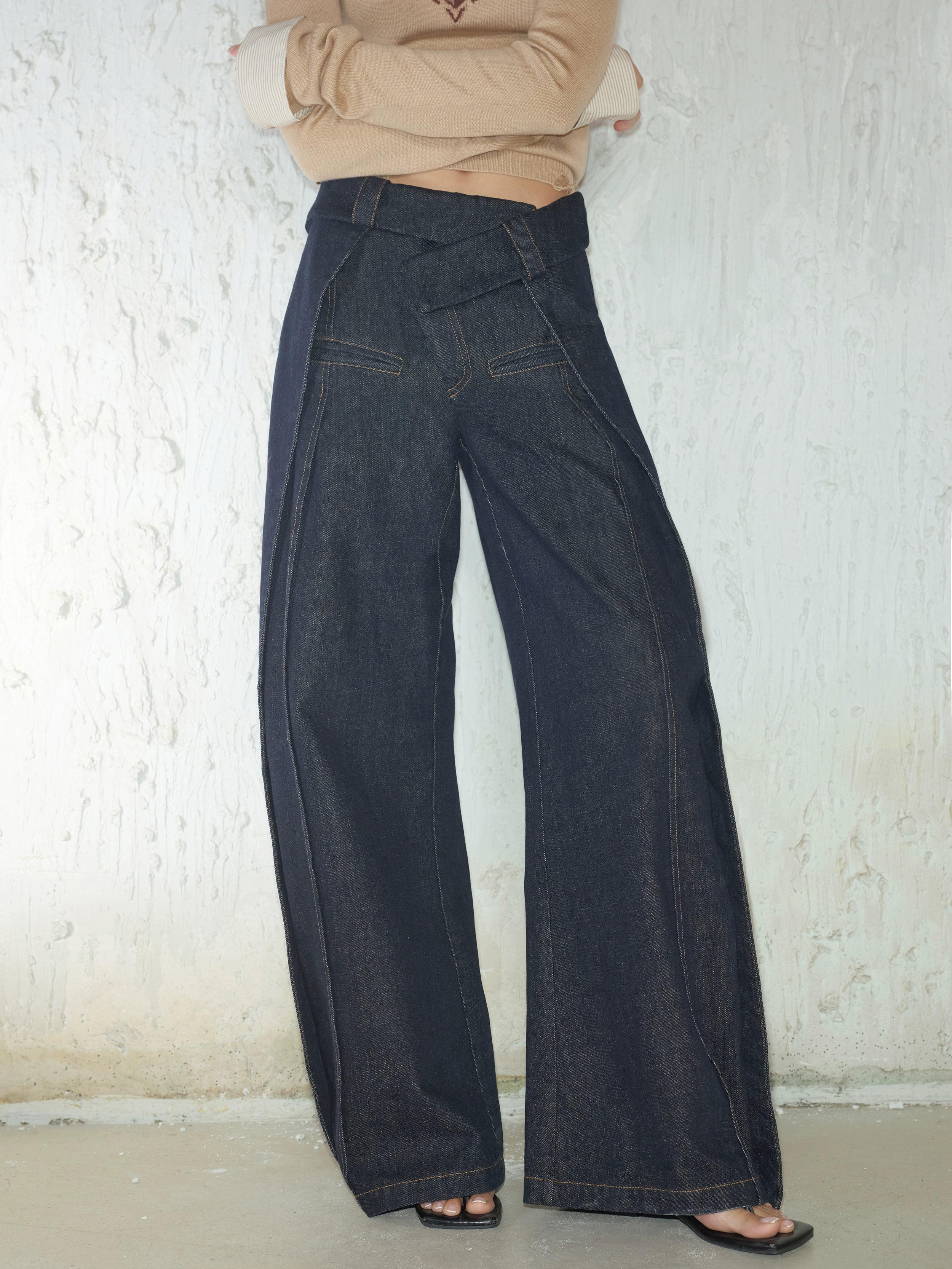 2th Desire时髦廓形翻折腰头不规则设计感直筒阔腿休闲显瘦长裤