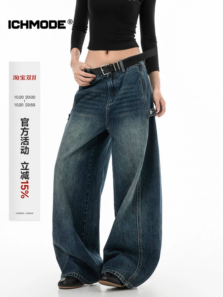 ICH MODE 美式复古水洗牛仔裤女秋冬新款宽松阔腿裤休闲裤直筒裤