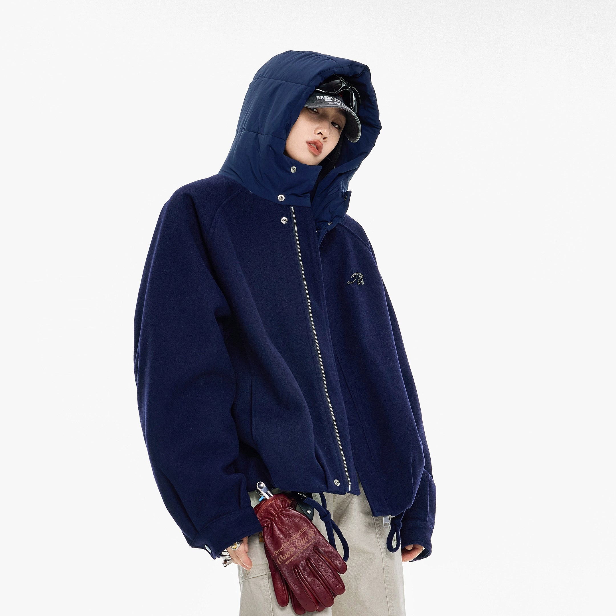 ICH MODE 美式复古拼接连帽棉服女新款冬季宽松保暖棉衣开衫外套