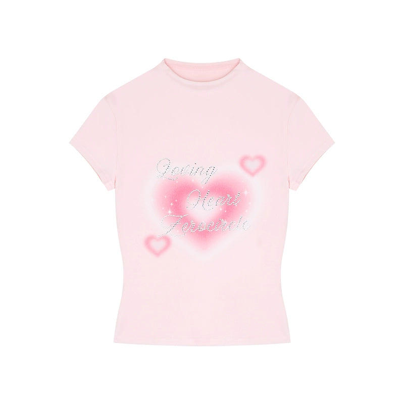 野生zero 灰粉色正肩半高领短袖t恤女夏季甜辣妹修身显瘦印花上衣