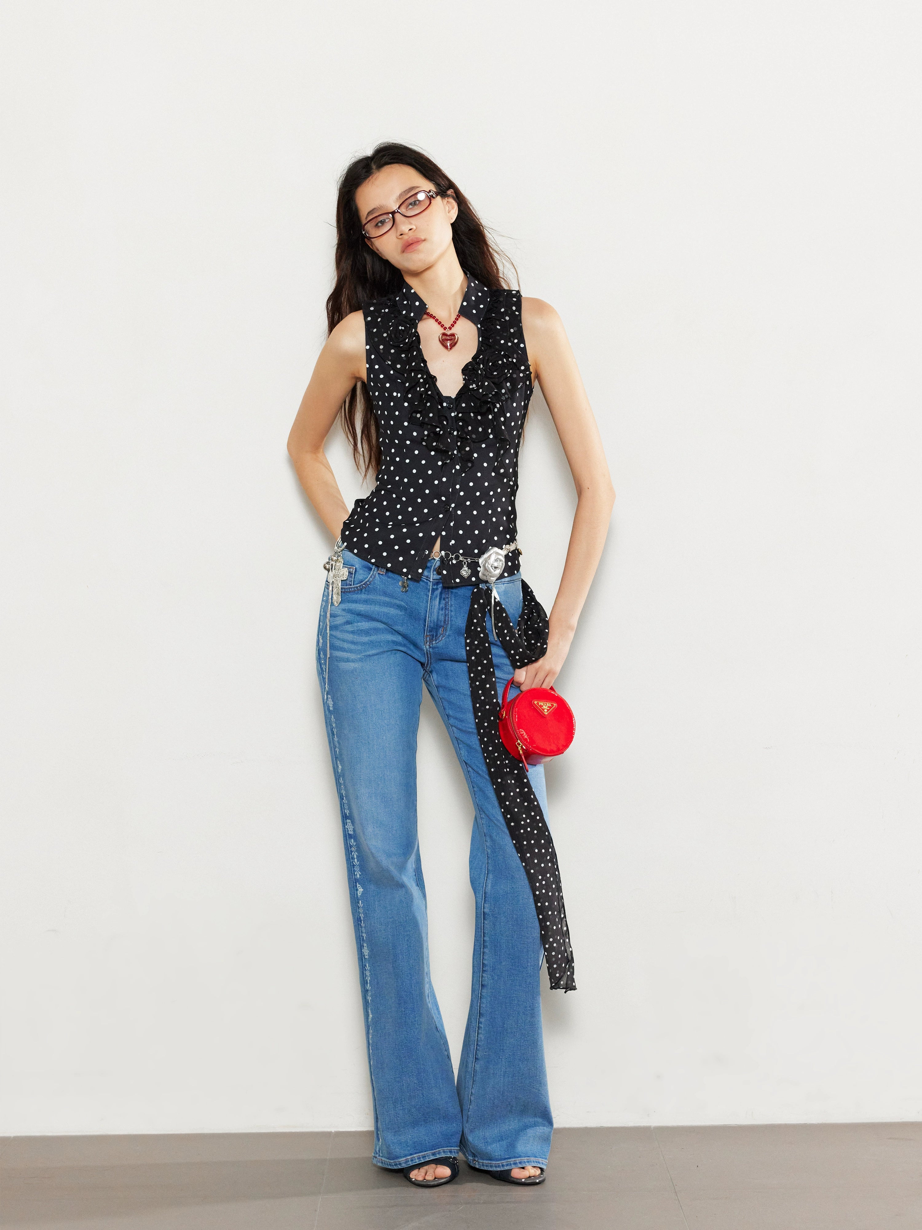 2th Desire蕾丝爱心刺绣波点玫瑰花露背外穿上衣无袖V领马甲背心