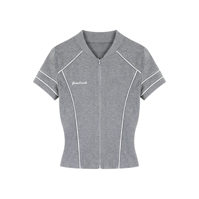 野生zero 黑灰色拉链开衫针织上衣女夏季辣妹修身显瘦正肩短袖t恤