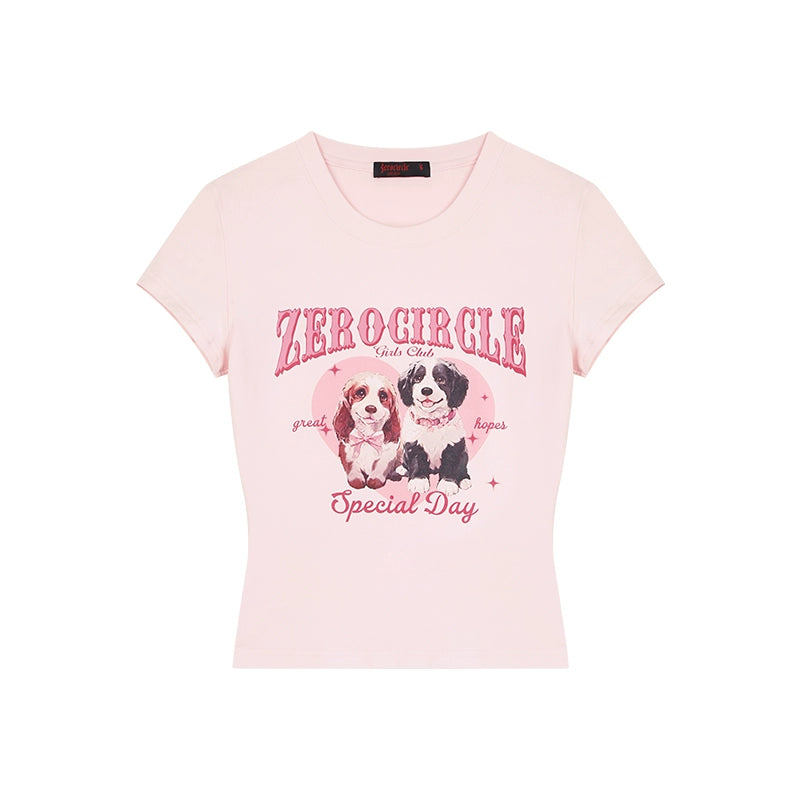 野生zero 粉色正肩短袖t恤女夏设计感甜辣妹修身收腰显瘦印花上衣