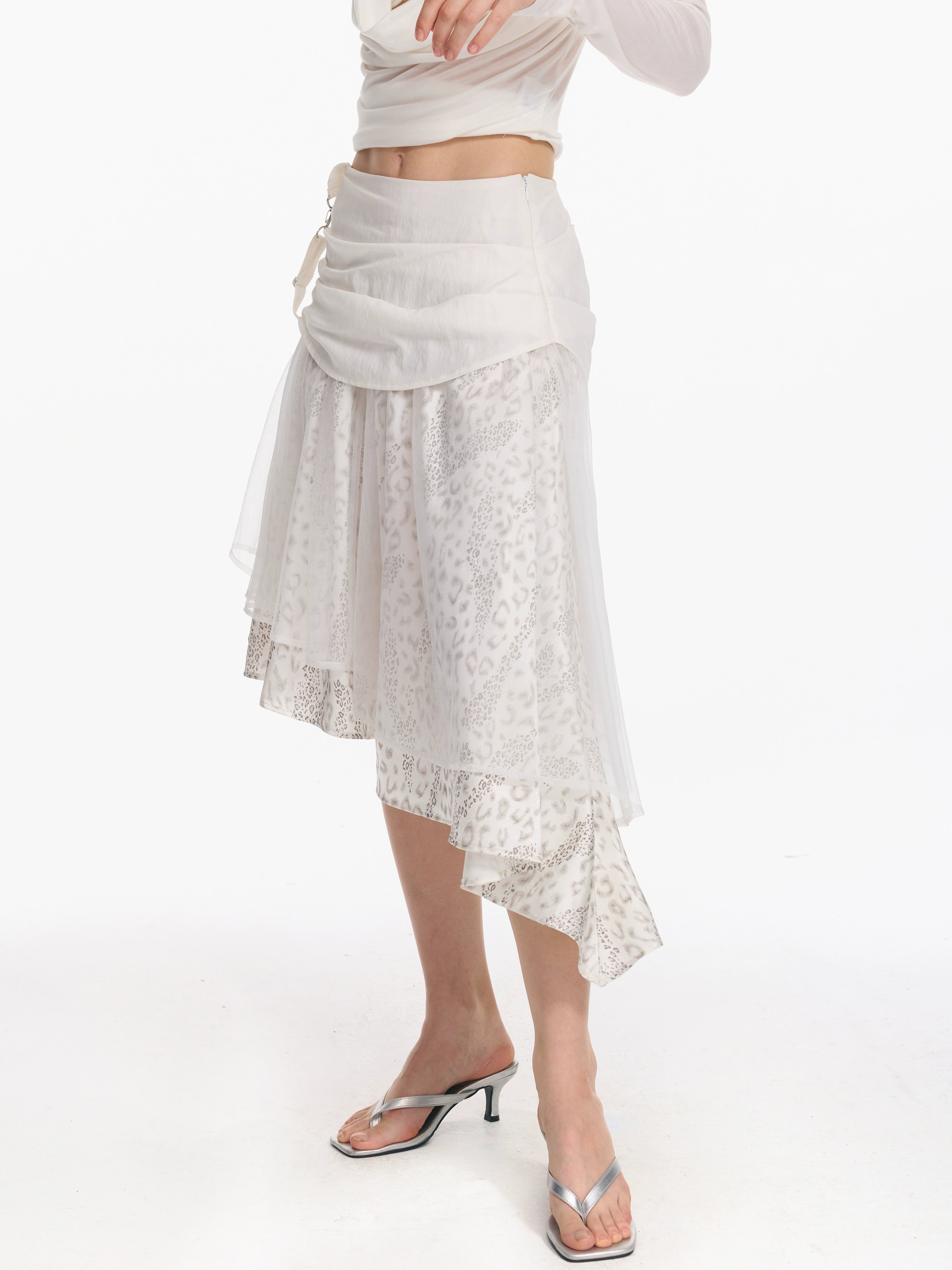 2th Desire 不规则豹纹拼接网纱修身细闪氛围感复古多层半身裙女