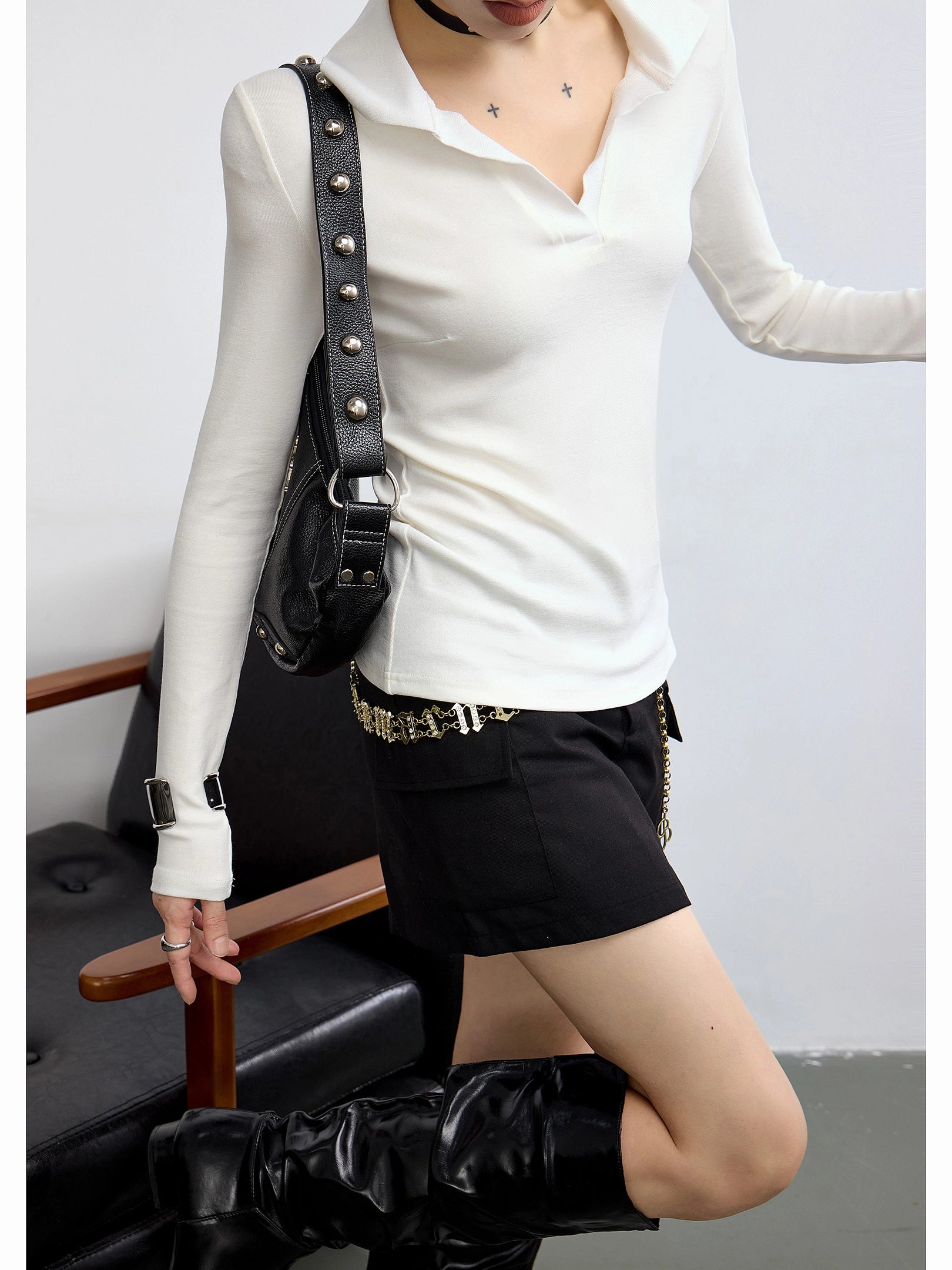 ICH MODE 美式POLO领针织长袖T恤女新款秋冬季修身上衣内搭打底衫