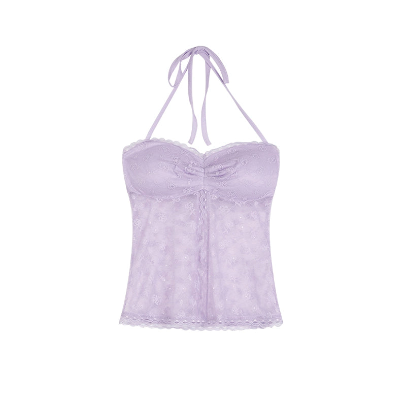 野生zero黑紫色挂脖蕾丝吊带胸垫无袖背心女夏季外穿辣妹绑带上衣