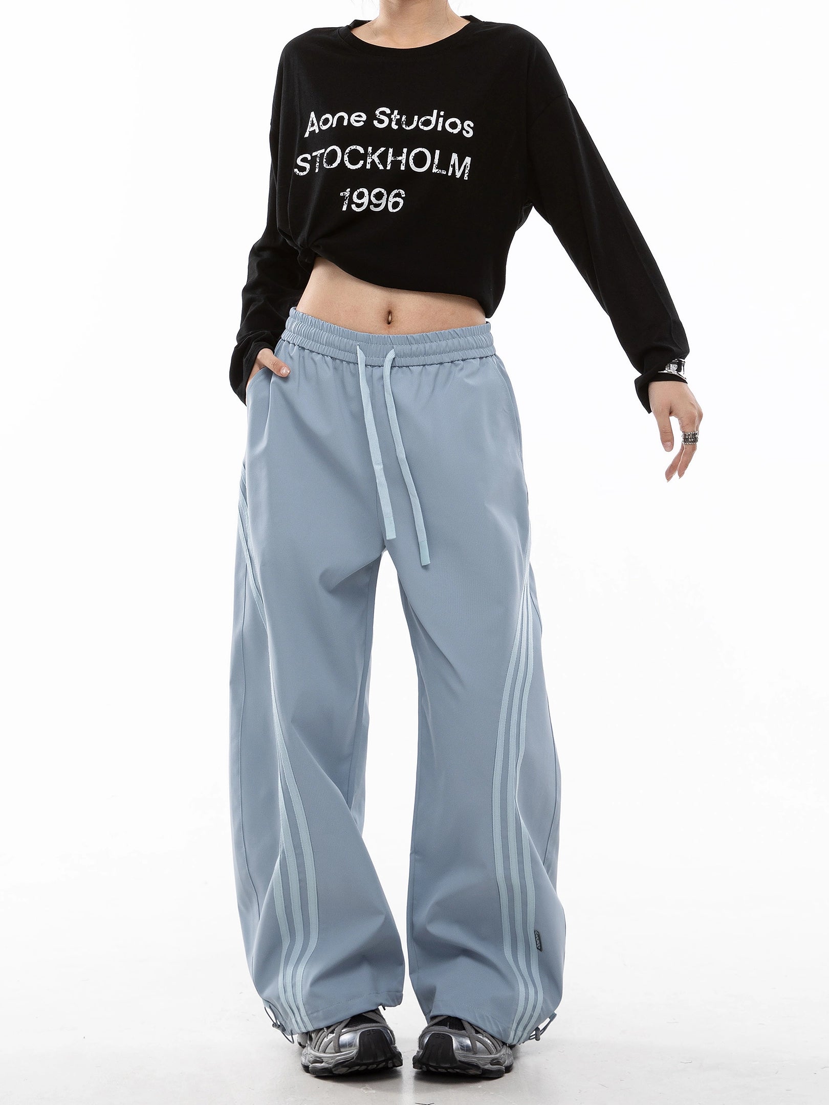 ICH MODE 美式复古条纹休闲裤女秋冬宽松直筒裤百搭阔腿裤运动裤