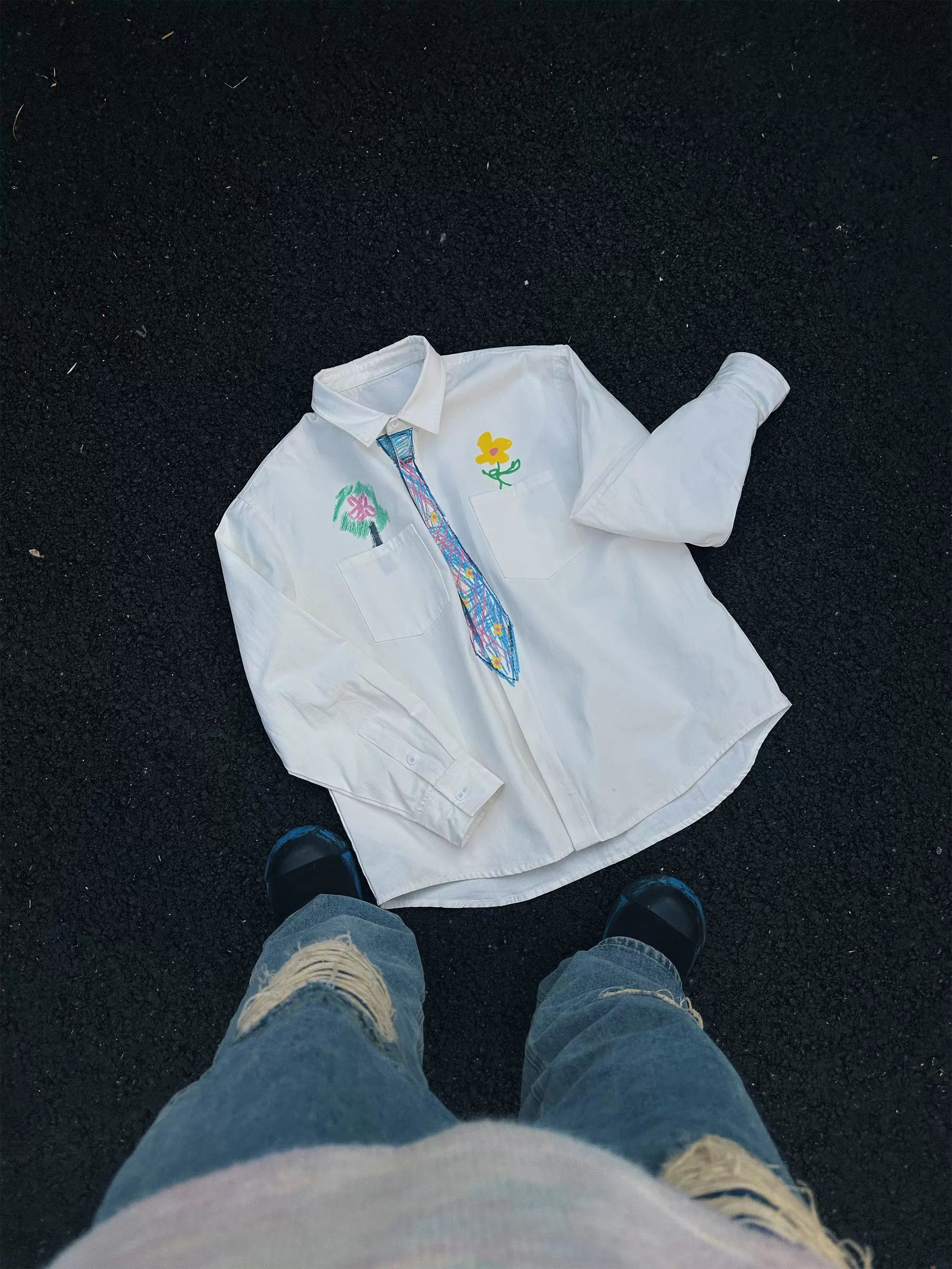 “追梦”| eeee创意设计感蜡笔手绘领带衬衫趣味学院风涂鸦衬衣春