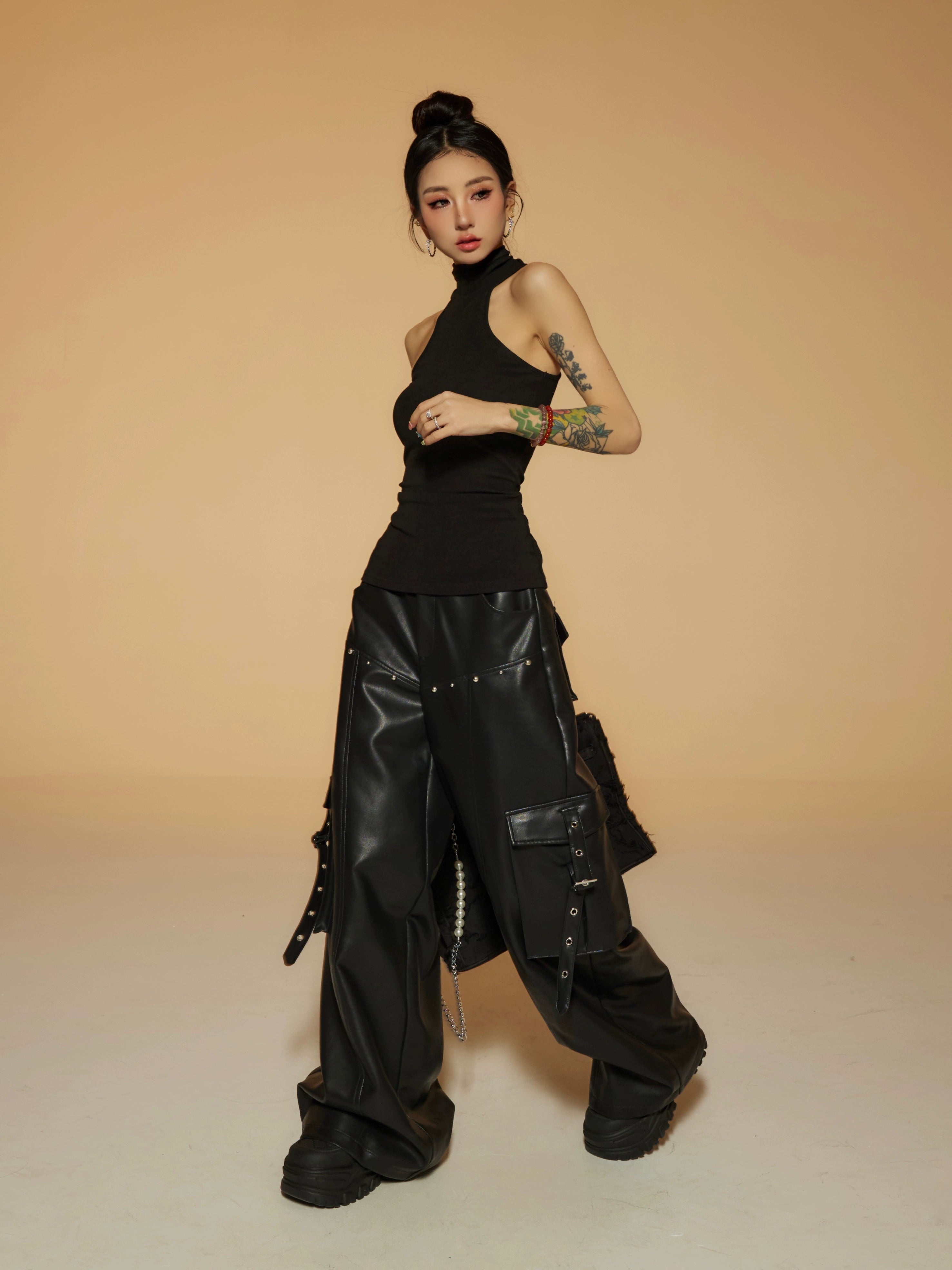 野生zerocircle皮裤女春季设计感宽松显瘦直筒休闲阔腿黑银色裤子