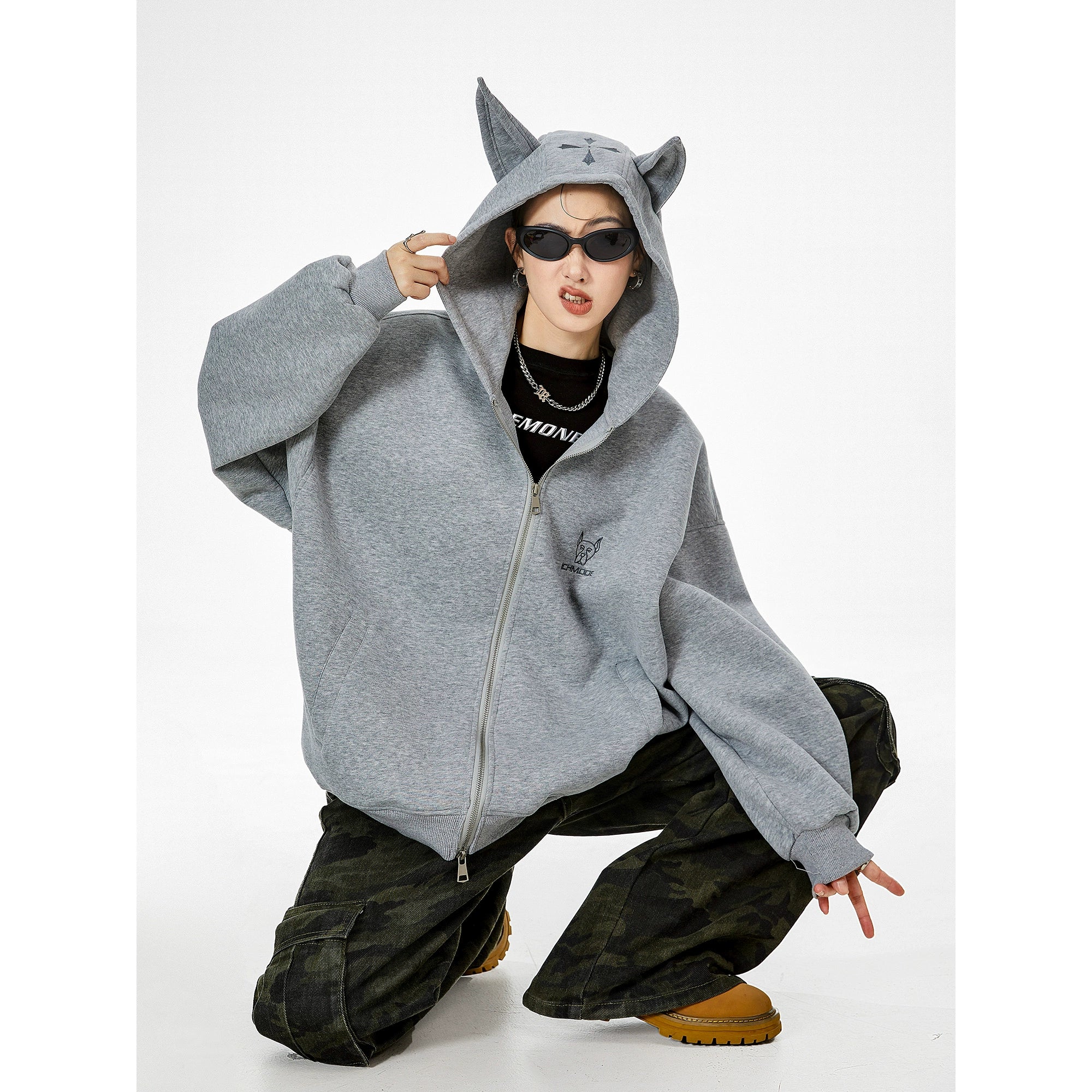 ICH MODE 美式复古杜宾犬连帽开衫外套女秋百搭休闲上衣宽松卫衣