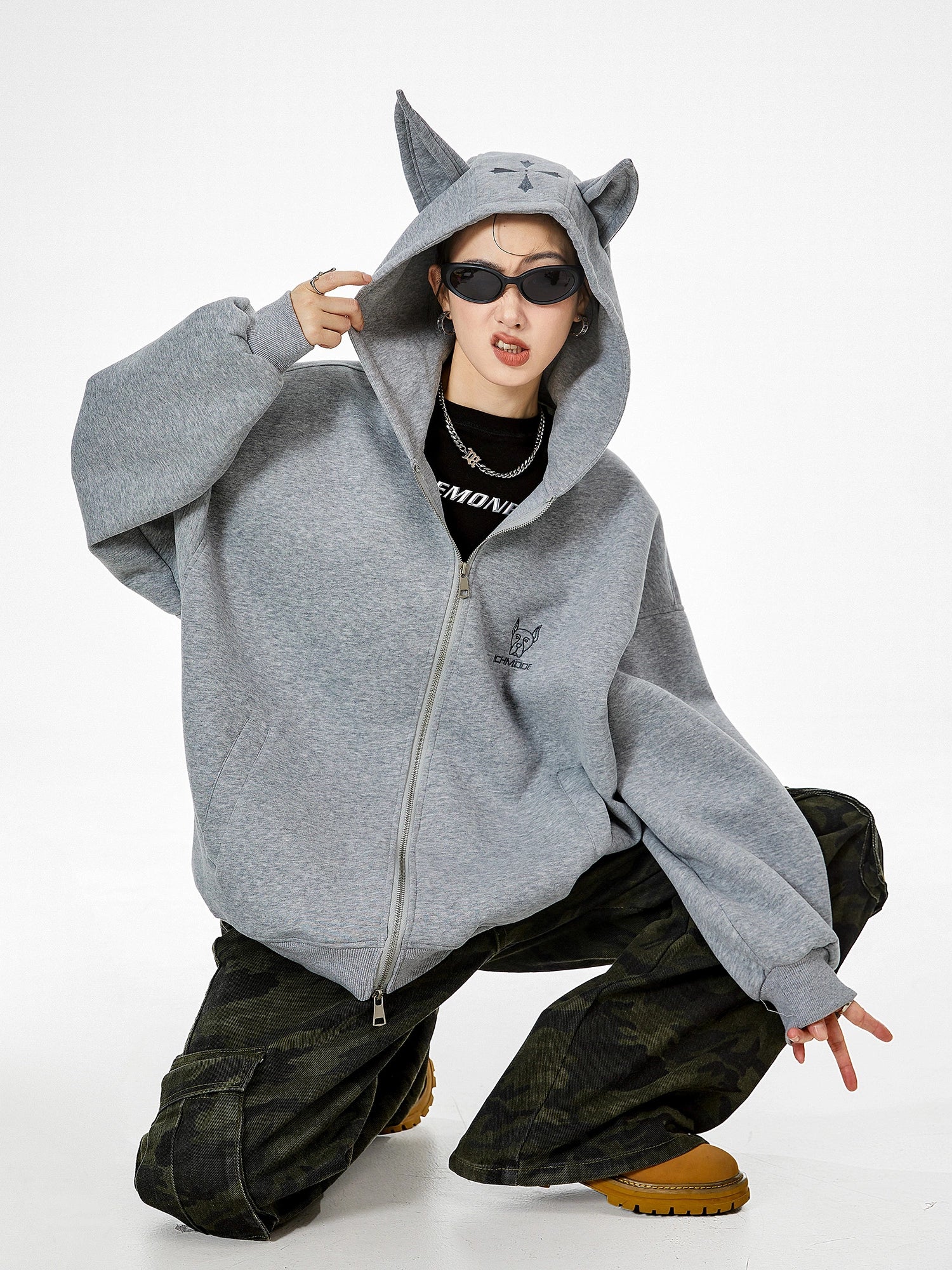 ICH MODE 美式复古杜宾犬连帽开衫外套女秋百搭休闲上衣宽松卫衣