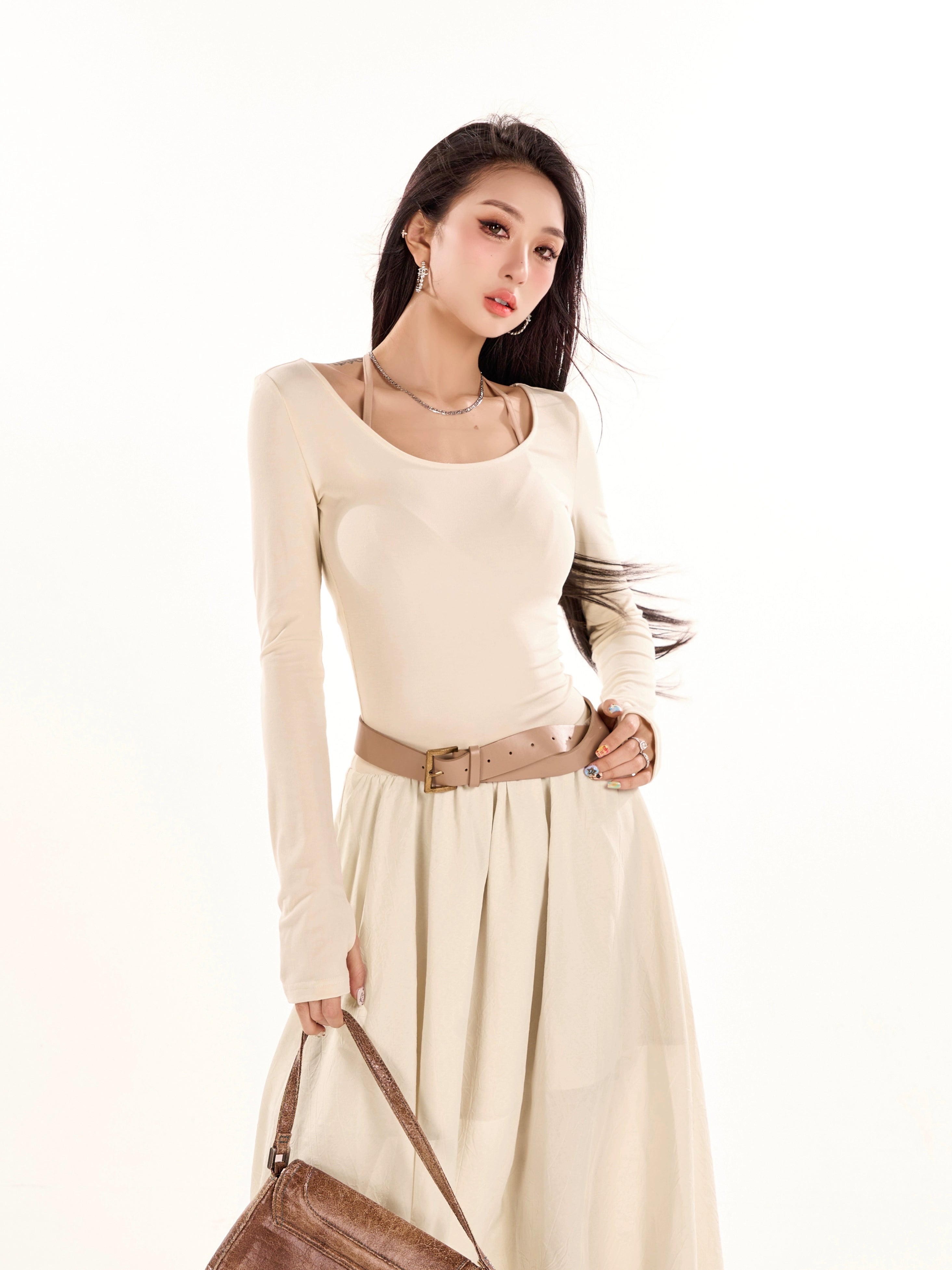 野生zerocircle 黑杏色a字长袖连衣裙女春秋辣妹显瘦修身收腰裙子