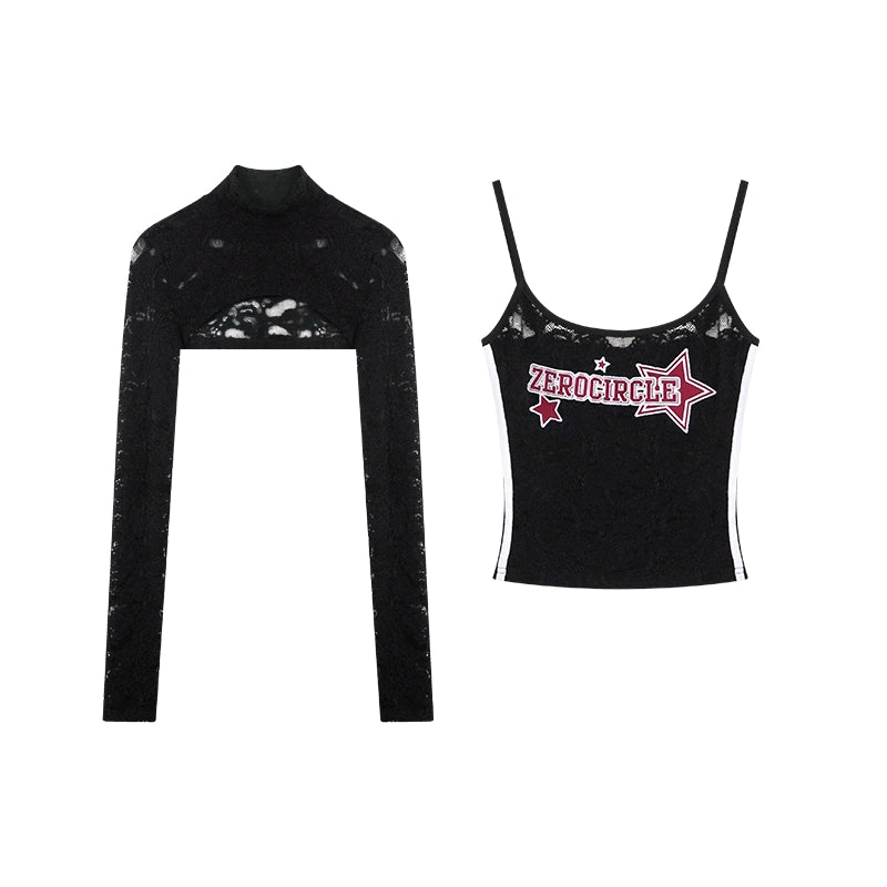 野生zerocircle黑色吊带两件套女春季辣妹修身显瘦半高领蕾丝上衣