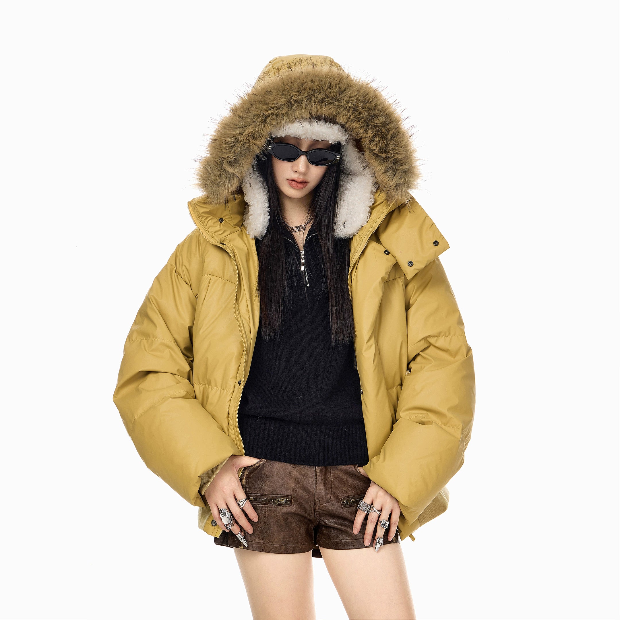 ICH MODE 90白鸭绒美式复古毛领连帽羽绒服女秋冬季保暖防寒外套