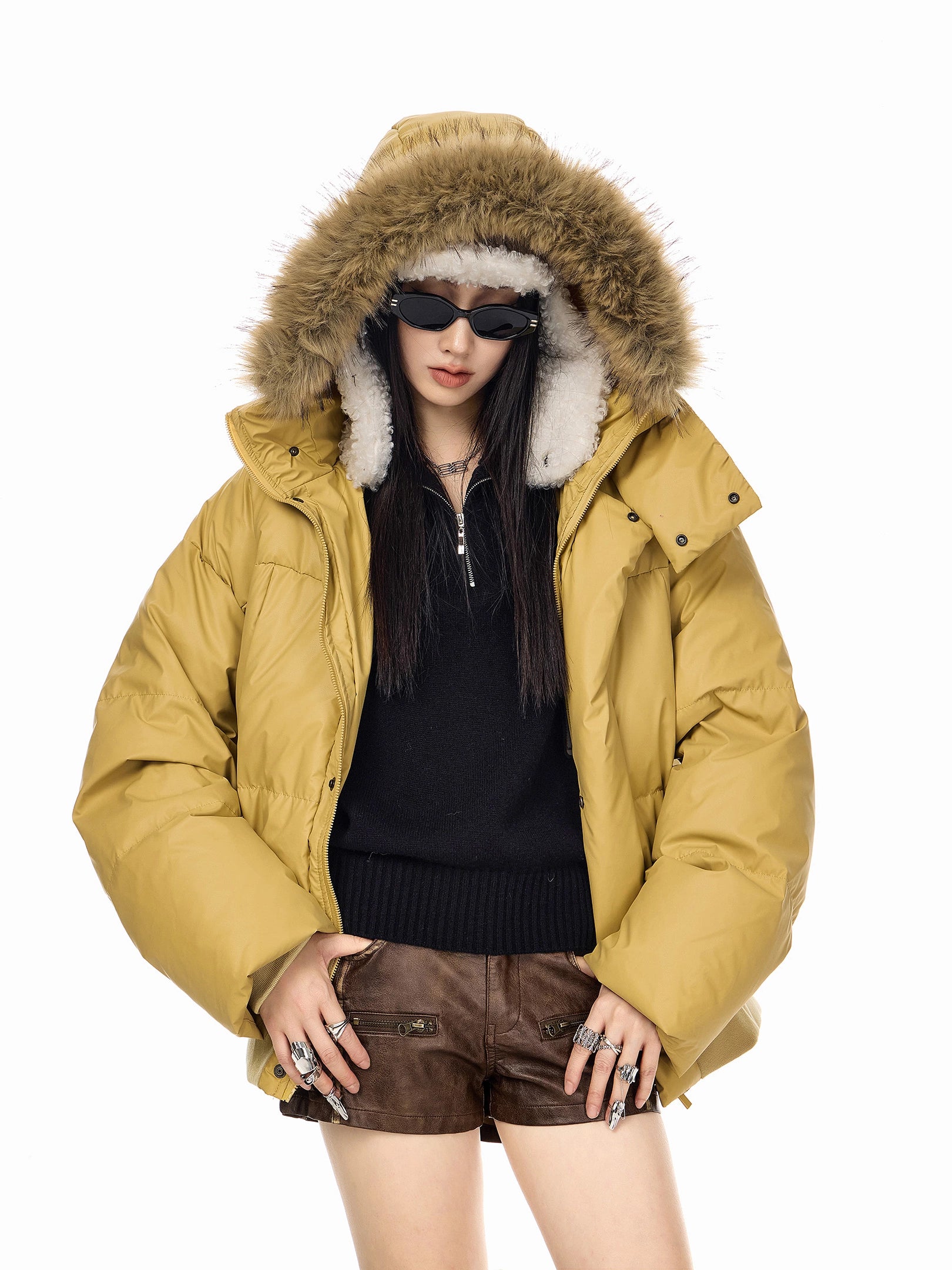 ICH MODE 90白鸭绒美式复古毛领连帽羽绒服女秋冬季保暖防寒外套