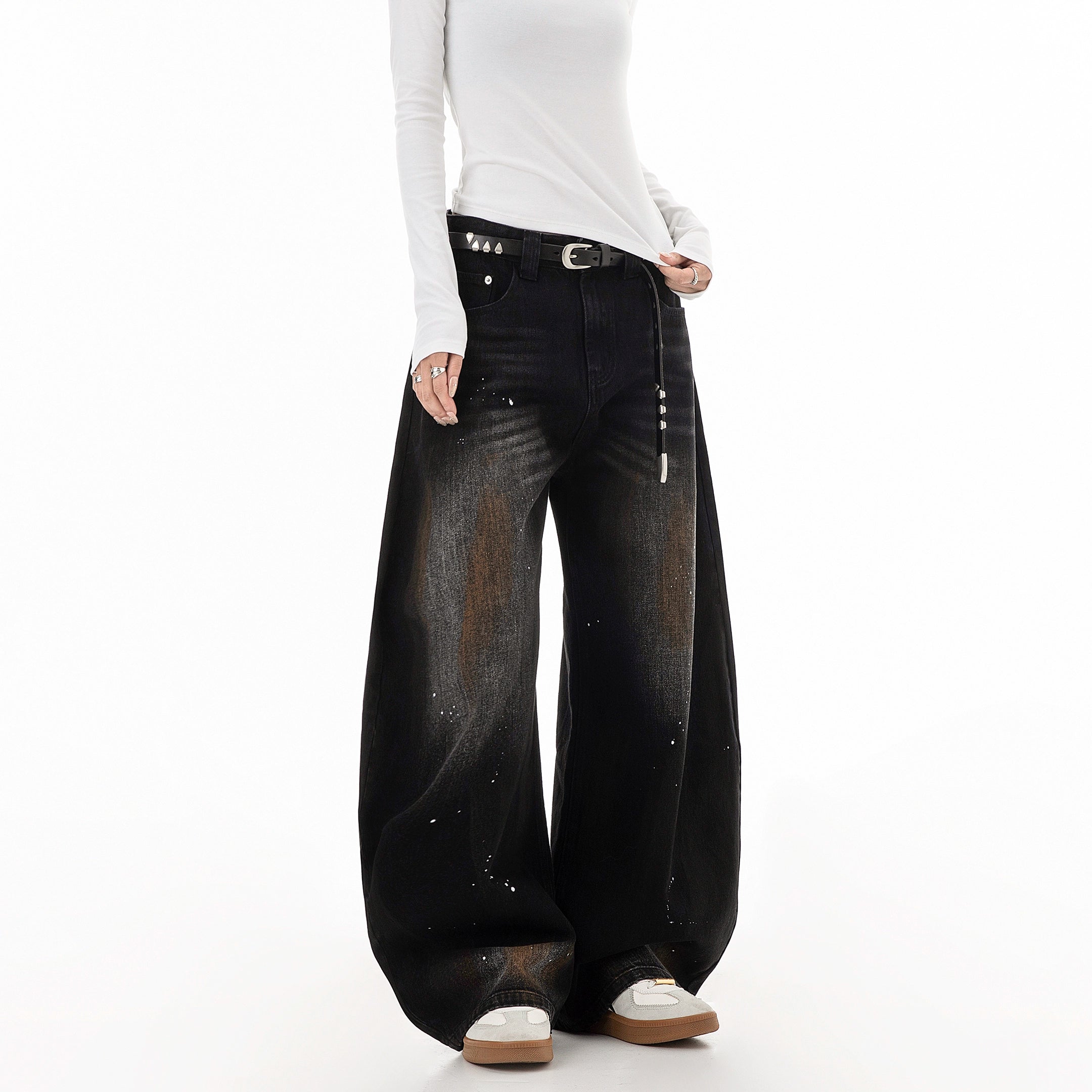 ICH MODE 美式复古做旧牛仔裤女夏季宽松直筒裤休闲阔腿弯刀裤子