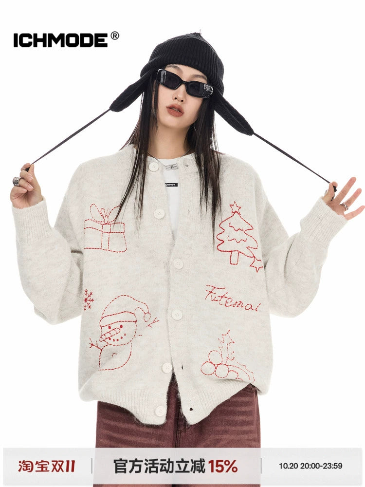 ICH MODE 美式复古圣诞针织毛衣开衫女2025新款秋冬休闲毛衣外套