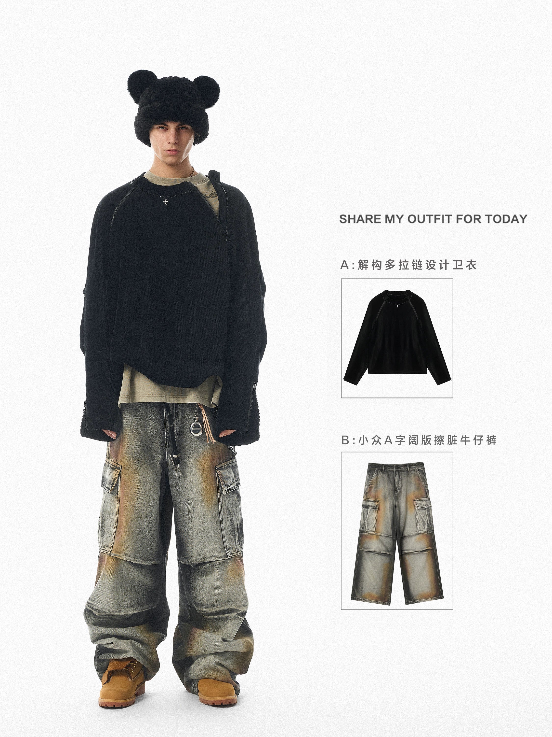 【小鬼王琳凯同款】JHYQ美式脏染做旧口袋工装牛仔裤男潮牌嘻哈裤