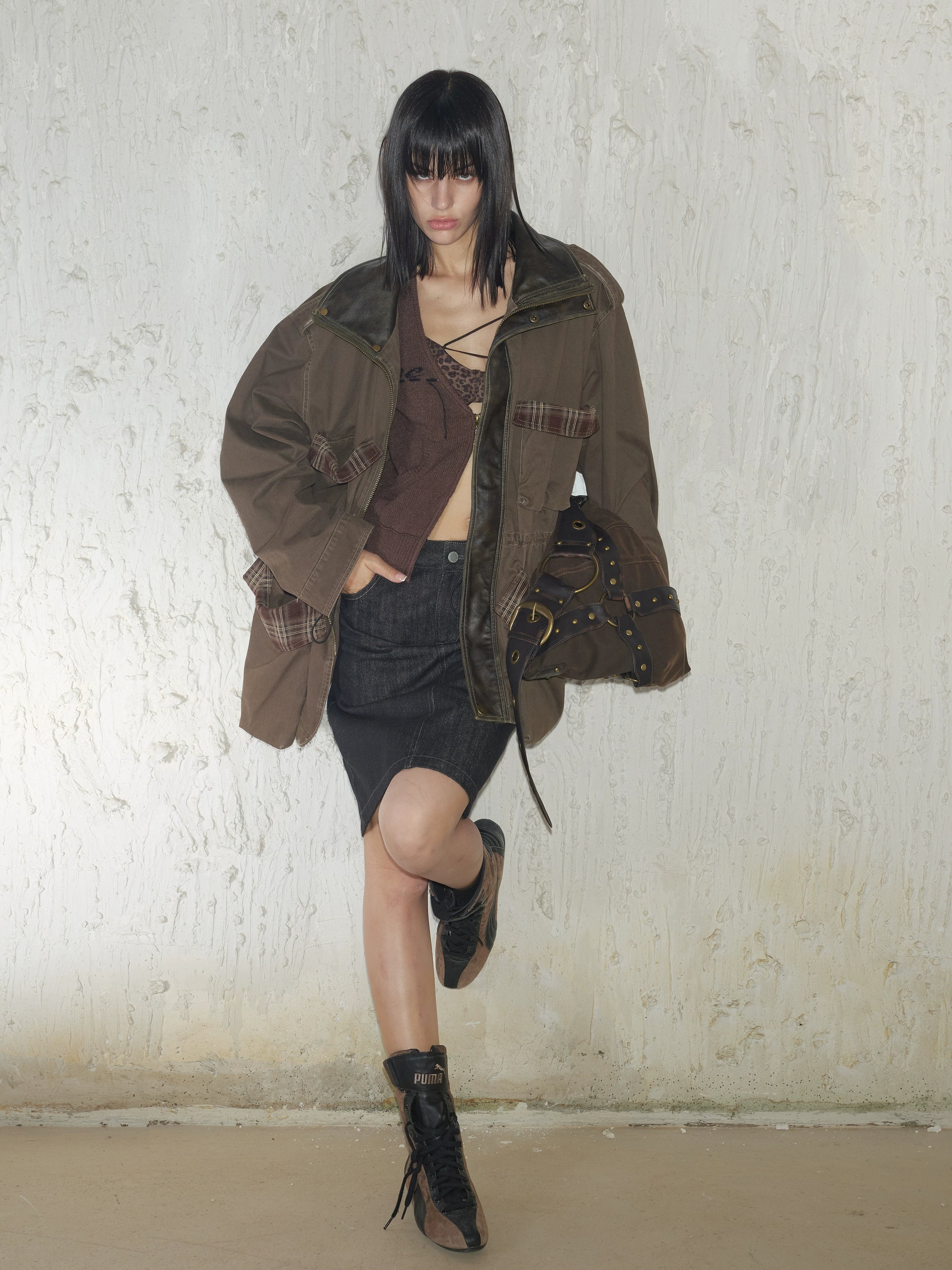 2th Desire重工做旧磨破复古拼色拉链中长款立体口袋工装风衣外套