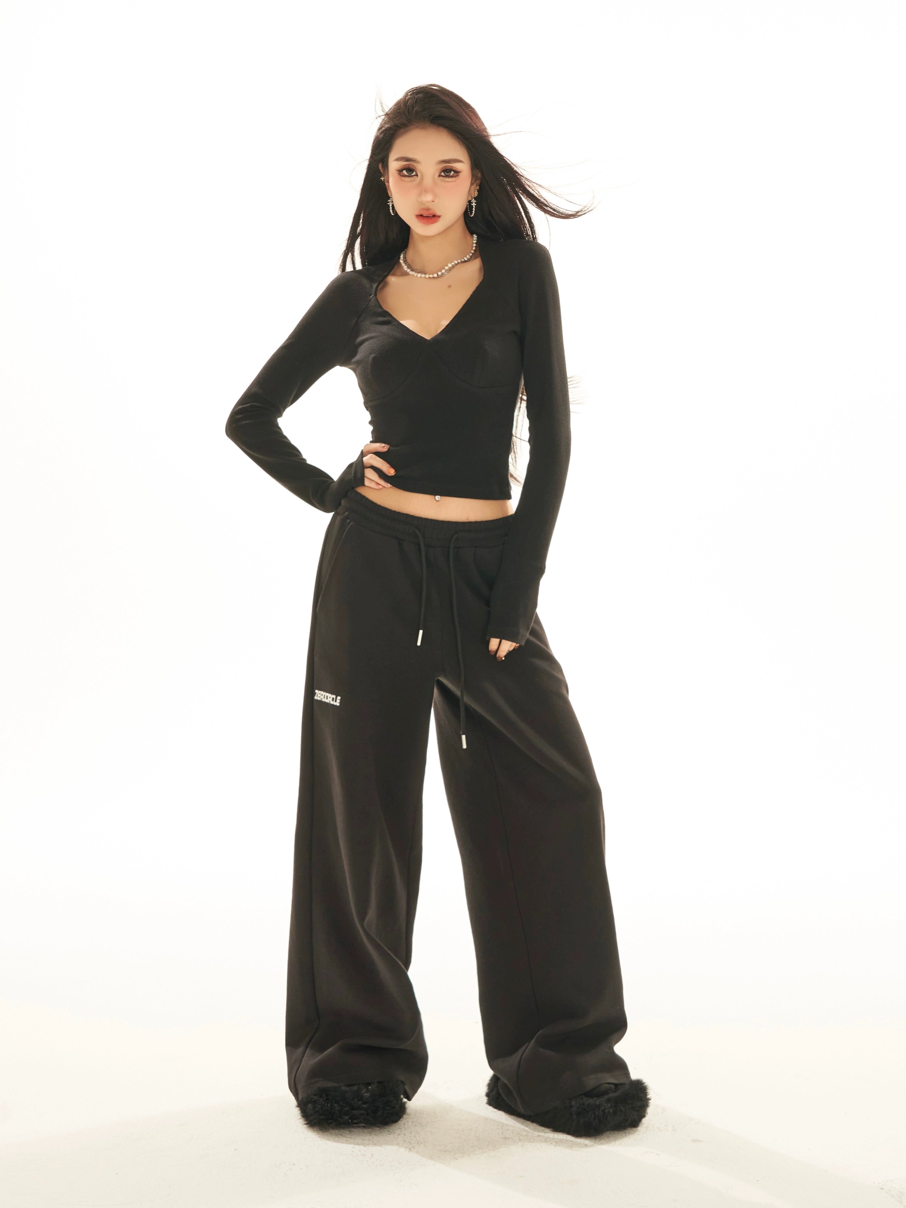 野生zerocircle 黑白灰色v领打底衫女春秋季内搭短款针织长袖上衣