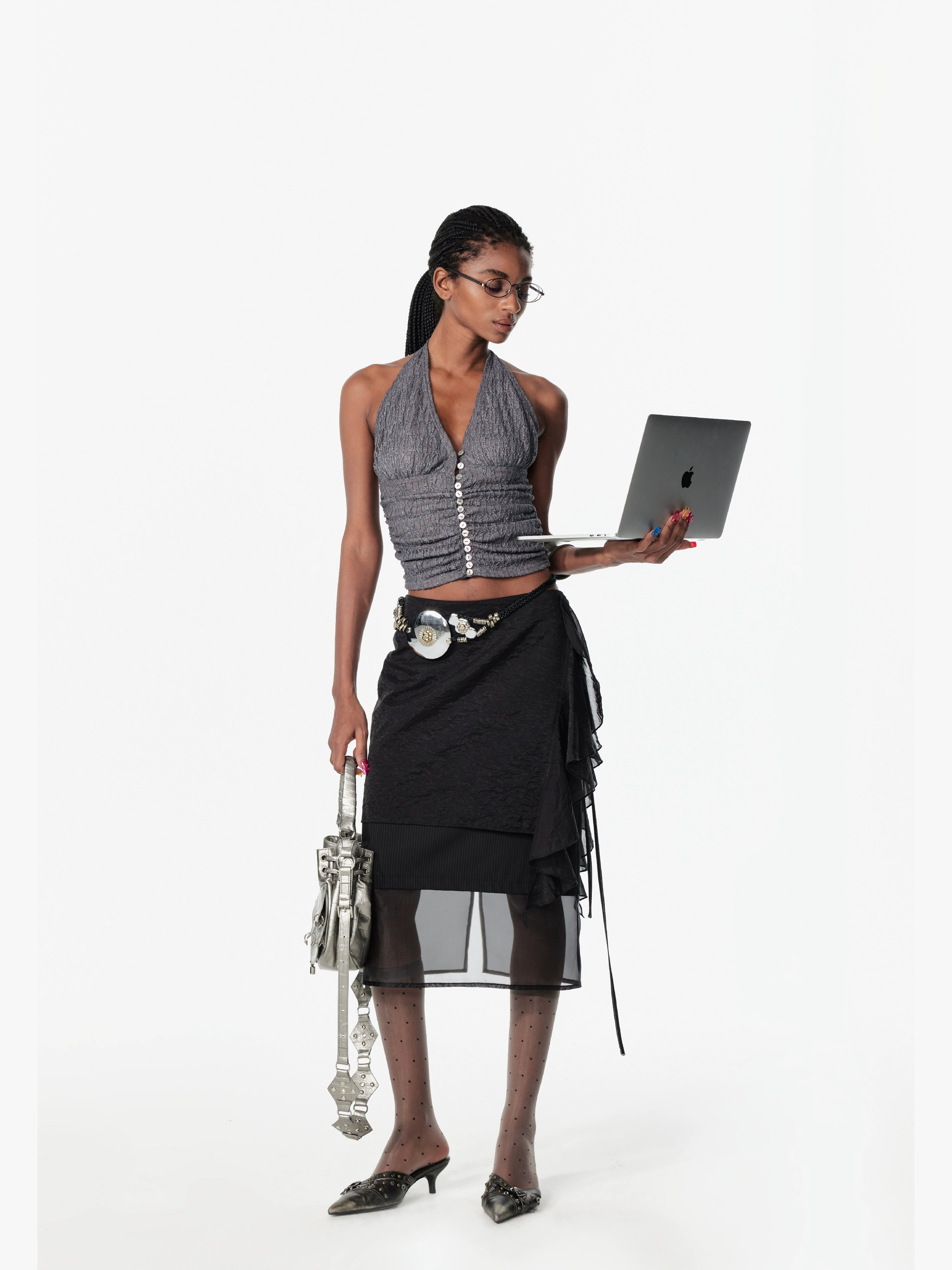 2th Desire亮闪肌理不规则豹纹褶皱贝壳扣辣妹背心吊带挂脖上衣女