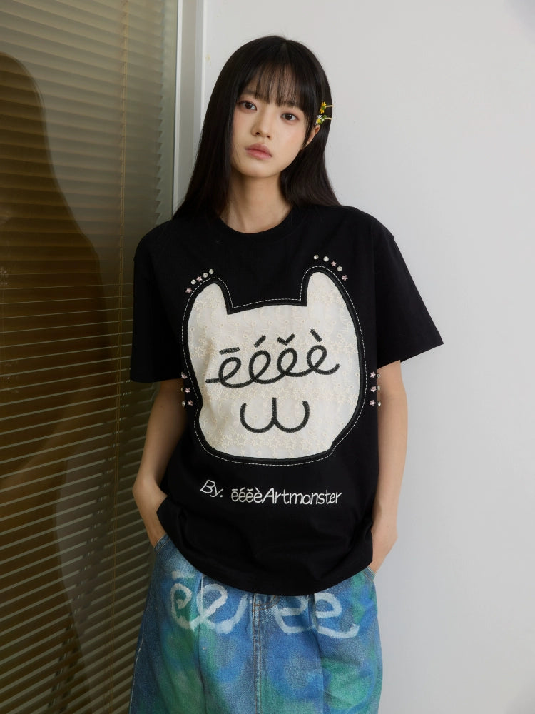“芭蕾猫咪”|eeee原创设计感蕾丝贴布绣T恤搞怪钻石猫咪短袖夏