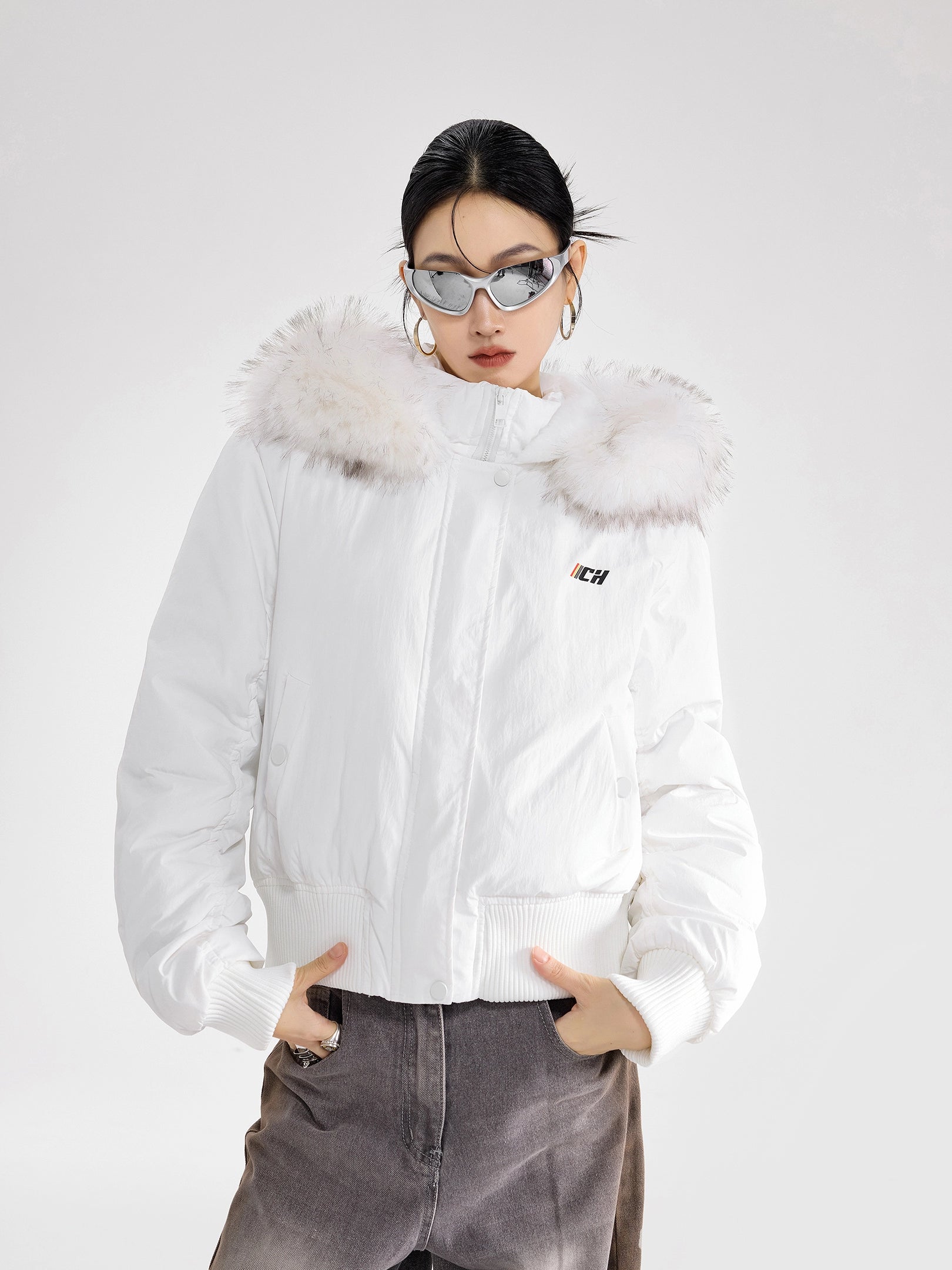 ICH MODE 美式复古毛领连帽立领棉服女秋冬季防寒棉衣修身短外套