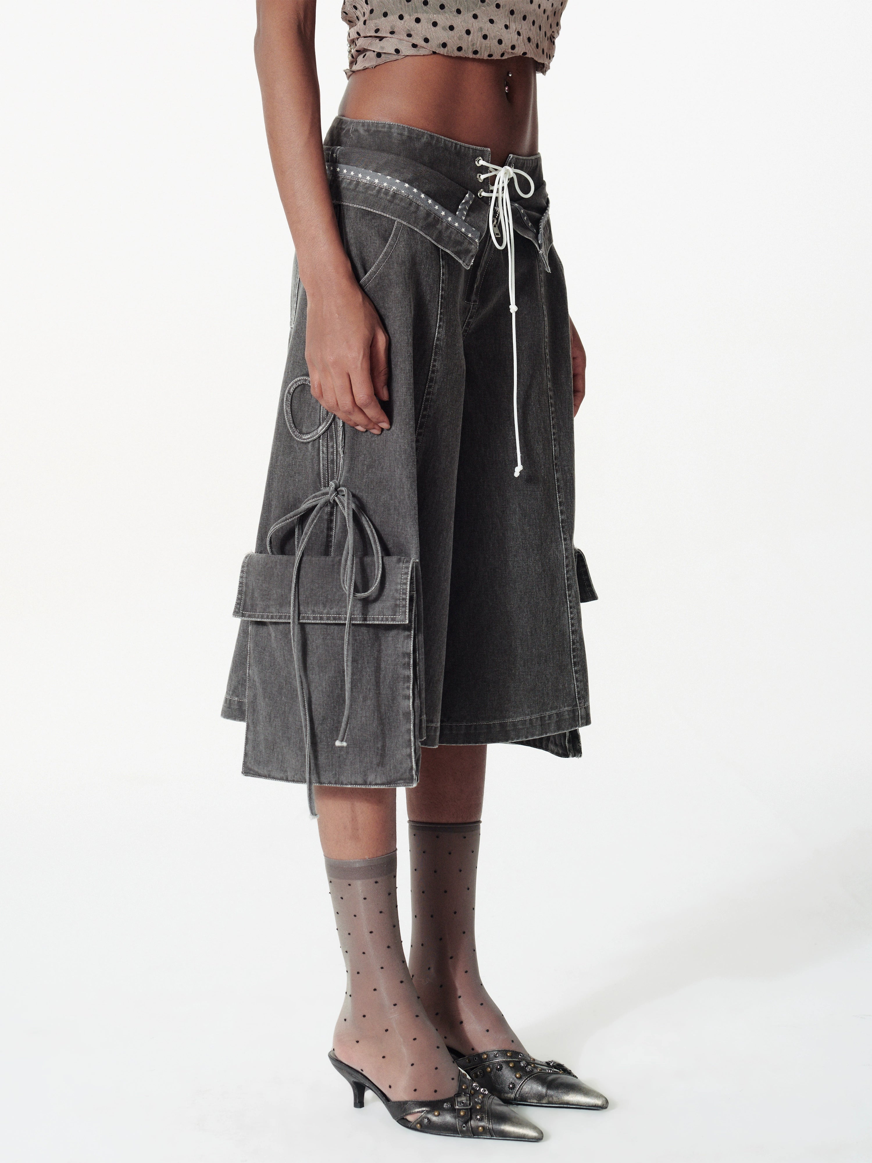 2th Desire复古解构洗水双腰头绑带豹纹撞色条工装感宽松中裤女