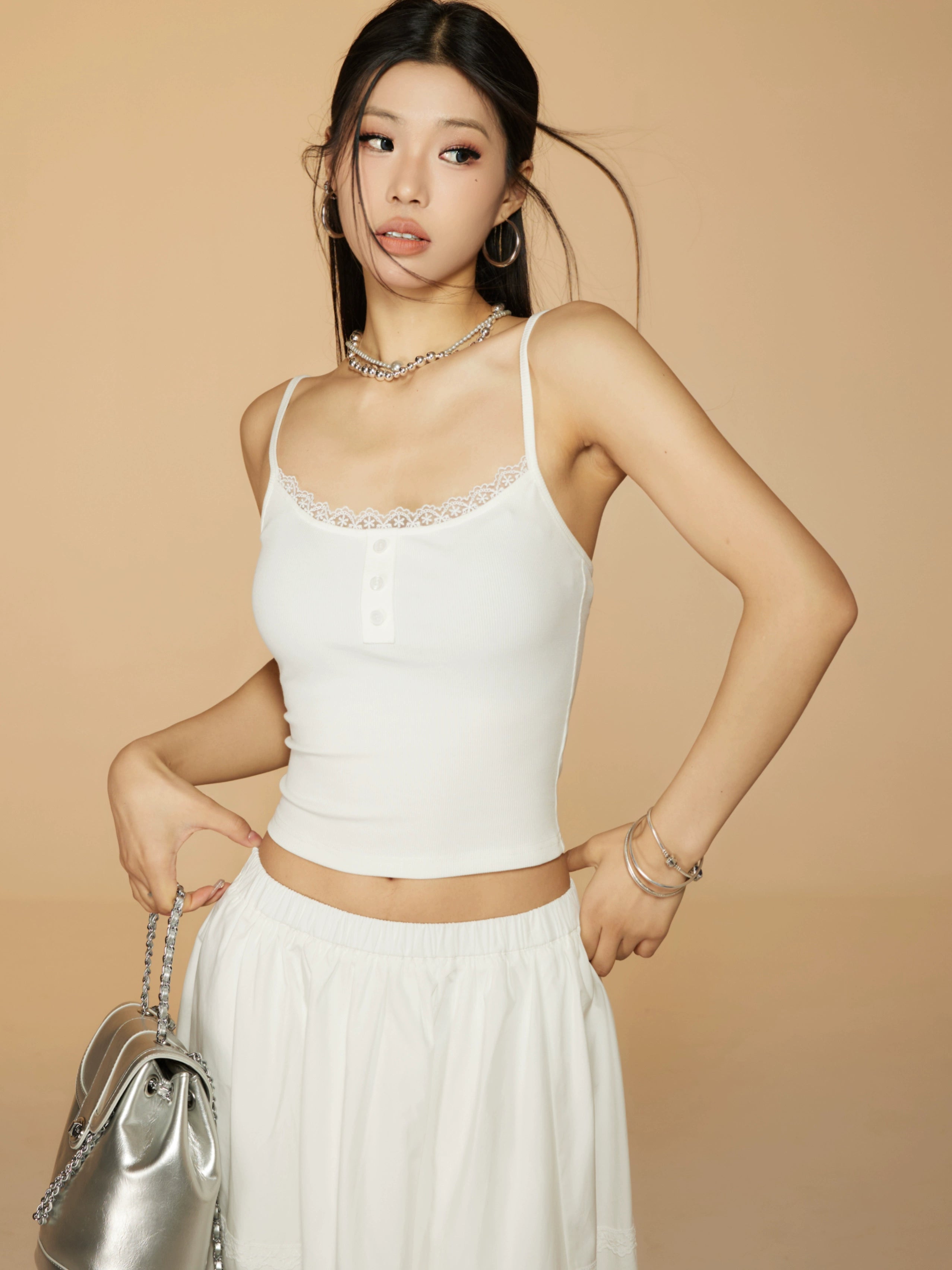 野生zerocircle 辣妹套装裙女春季白色蕾丝吊带背心显瘦a字长裙子