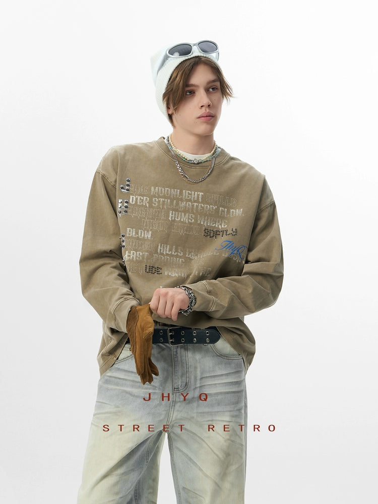 水洗系列丨JHYQ美式字母钉珠320g重磅满印长袖T恤男潮流复古卫衣
