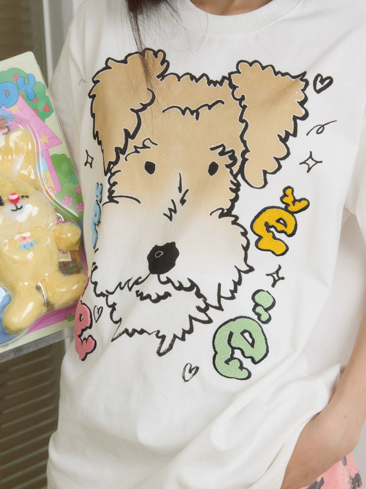 “白雪”|eeee创意刚毛猎狐梗狗狗短袖宽松彩色字母牙刷绣T恤夏