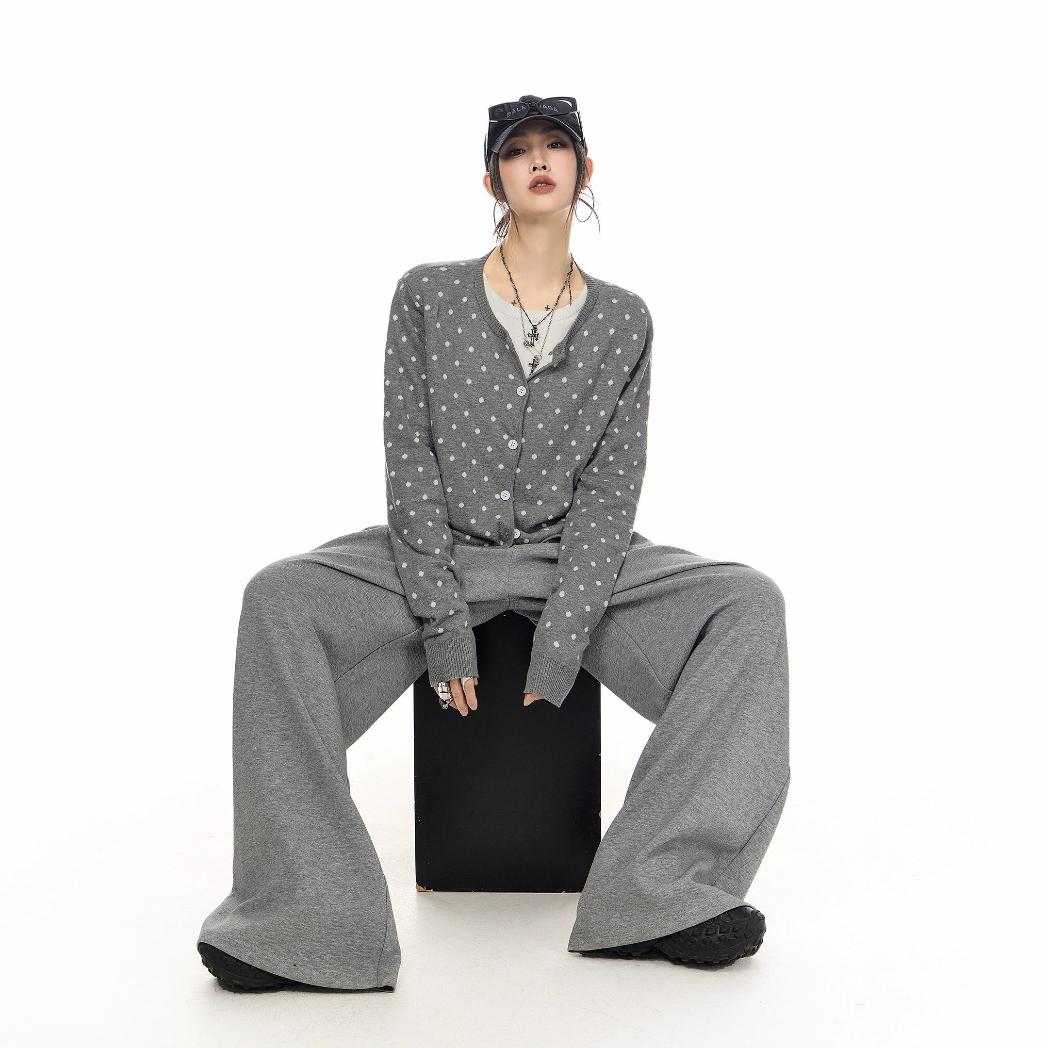 ICH MODE 美式复古修身波点针织开衫女2025新款秋冬慵懒毛衣外套