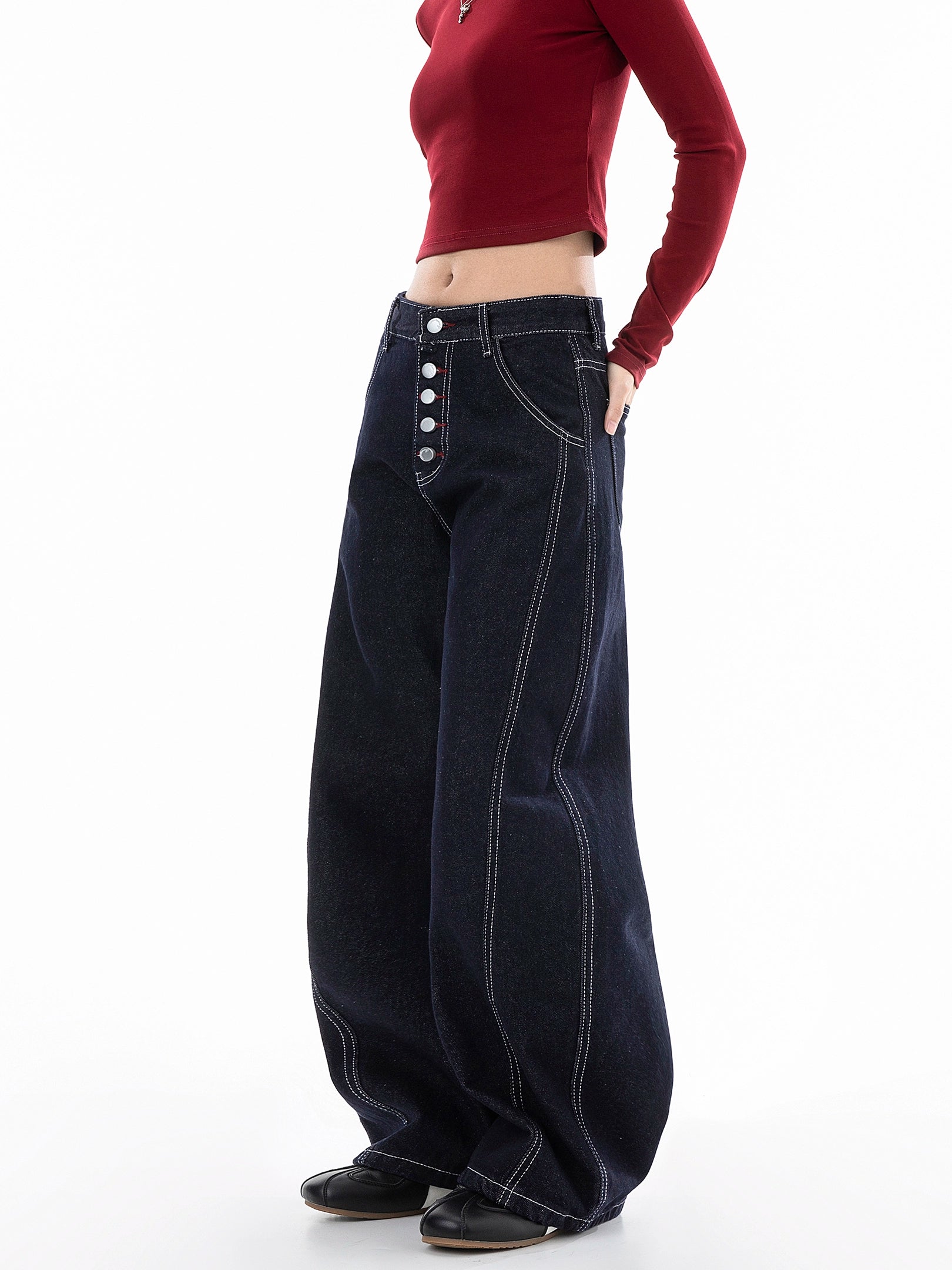 ICH MODE 美式复古宽松牛仔裤女秋冬廊形阔腿弯刀裤休闲直筒长裤