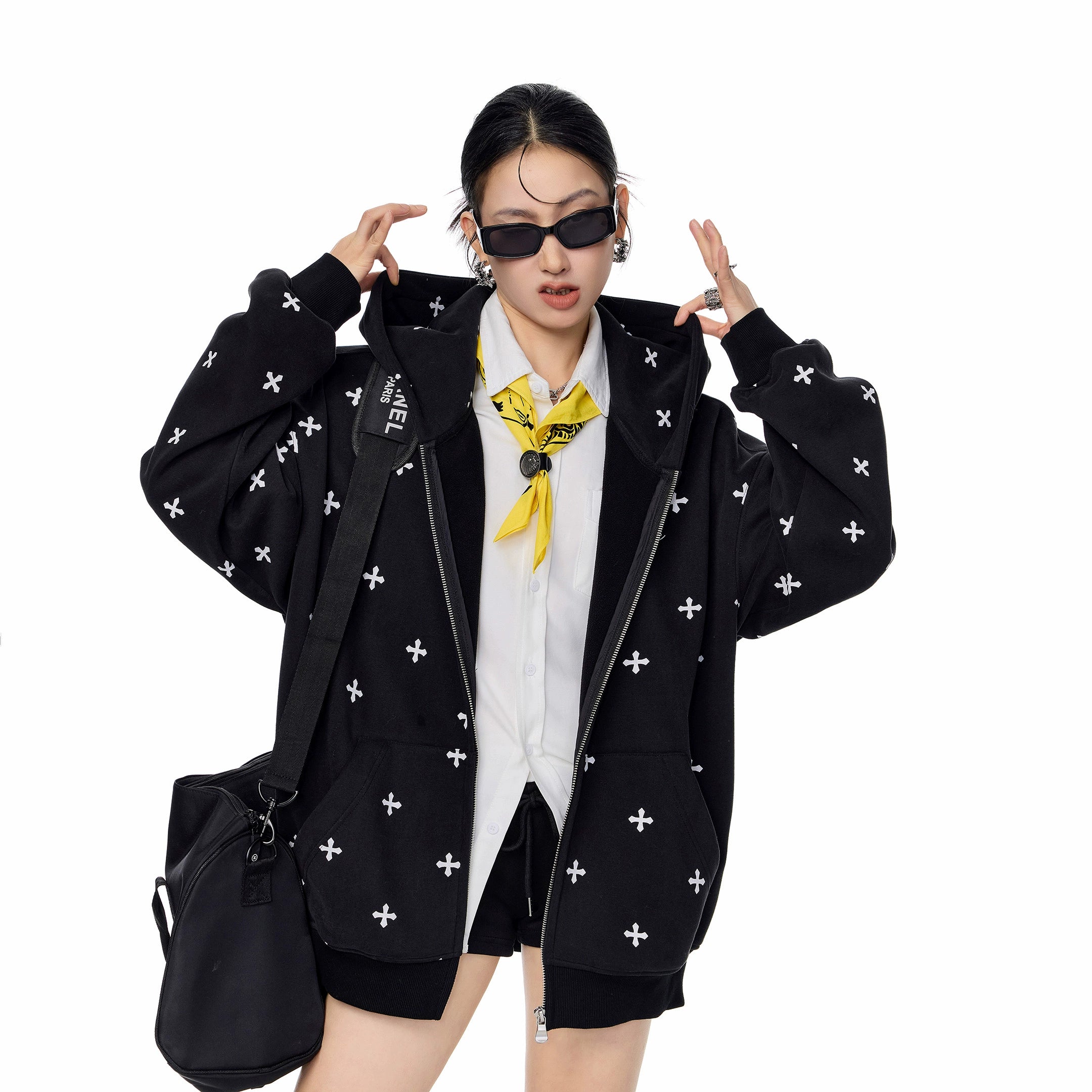 ICH MODE 美式哥特风十字架满印连帽卫衣外套女秋冬拉链开衫上衣