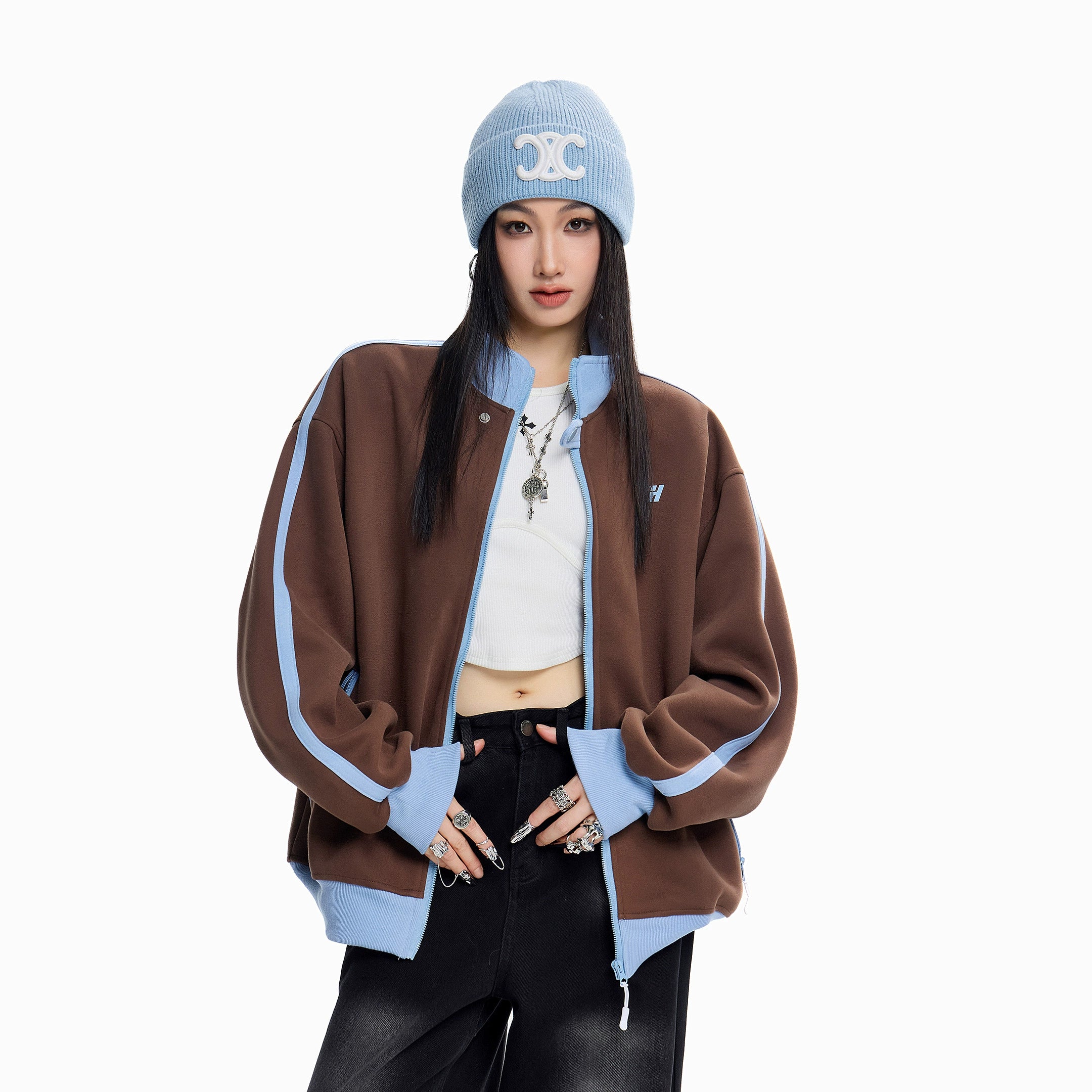 ICH MODE 美式复古撞色立领外套女秋冬新款运动夹克开衫卫衣上衣