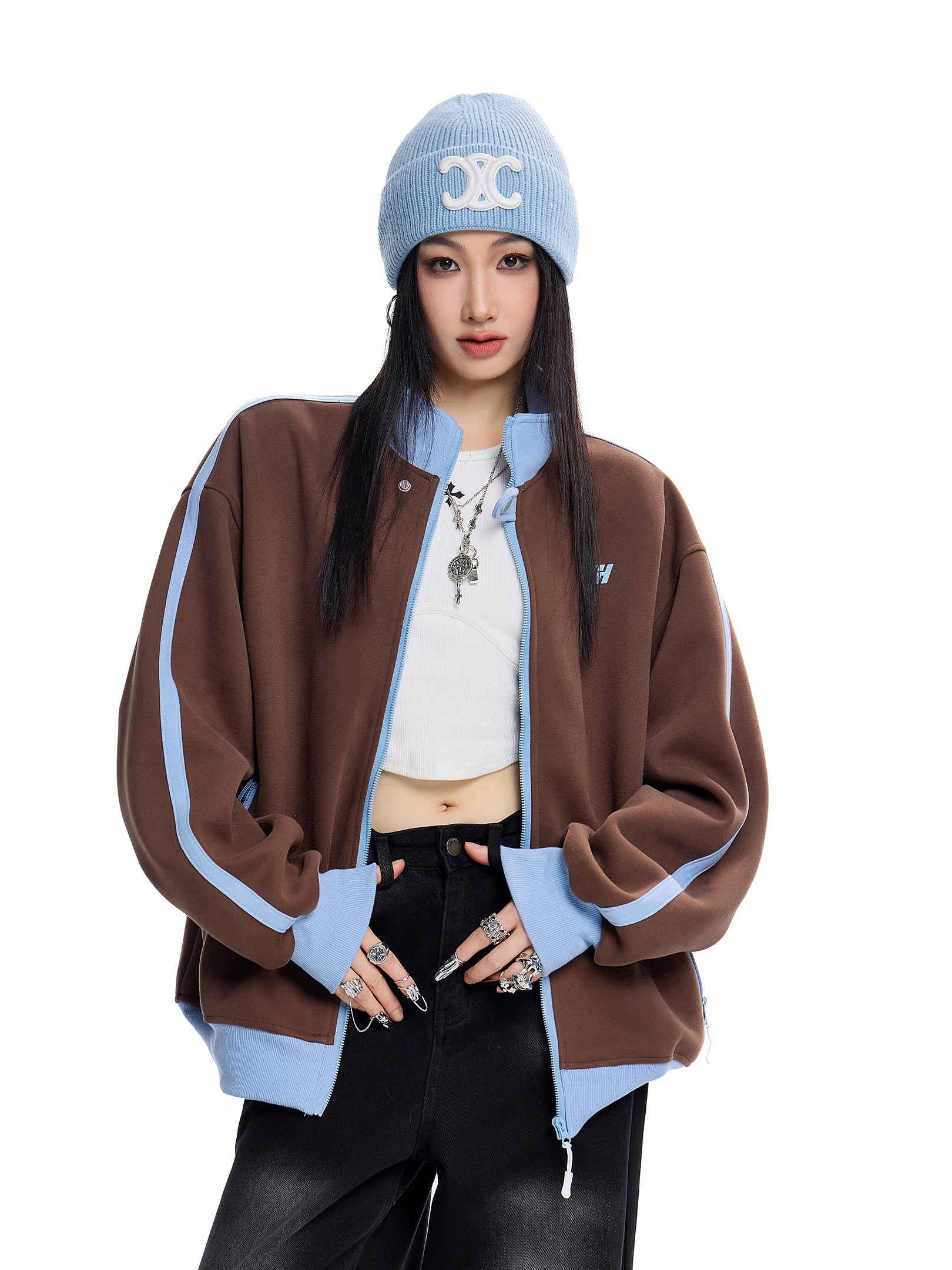 ICH MODE 美式复古撞色立领外套女秋冬新款运动夹克开衫卫衣上衣