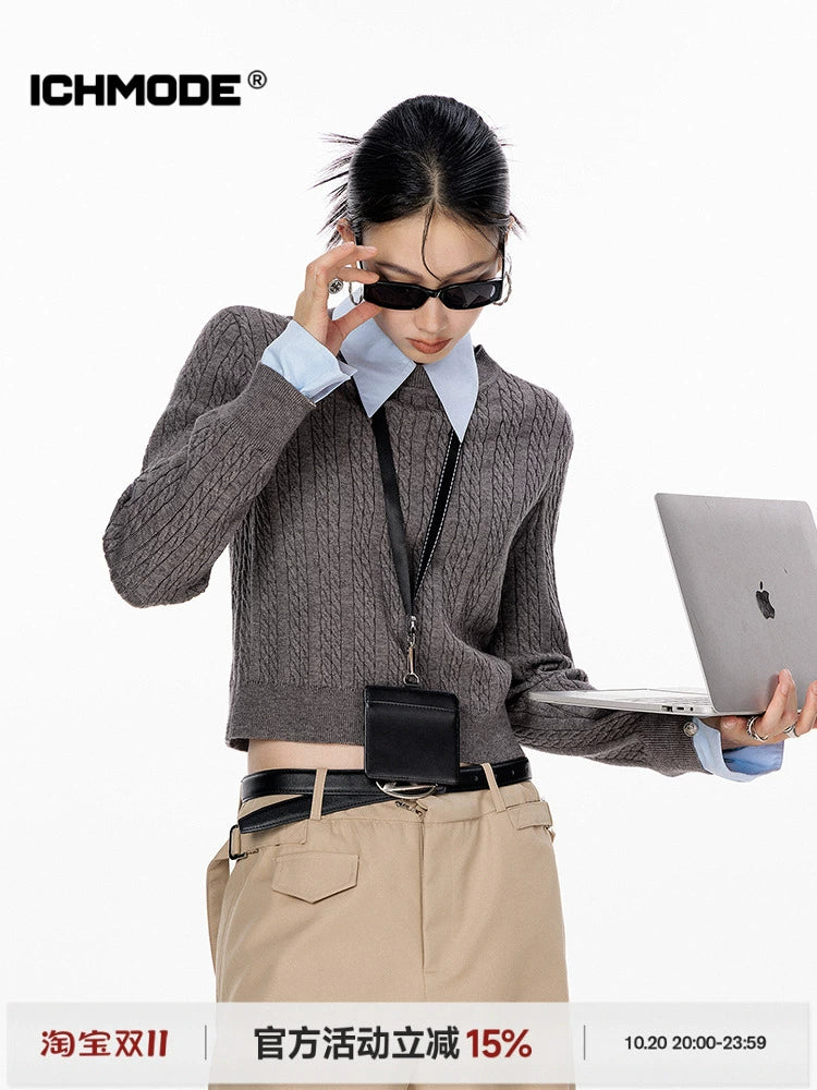 ICH MODE 美式复古假两件毛针织衫女2025秋冬新款衬衫领套头毛衣