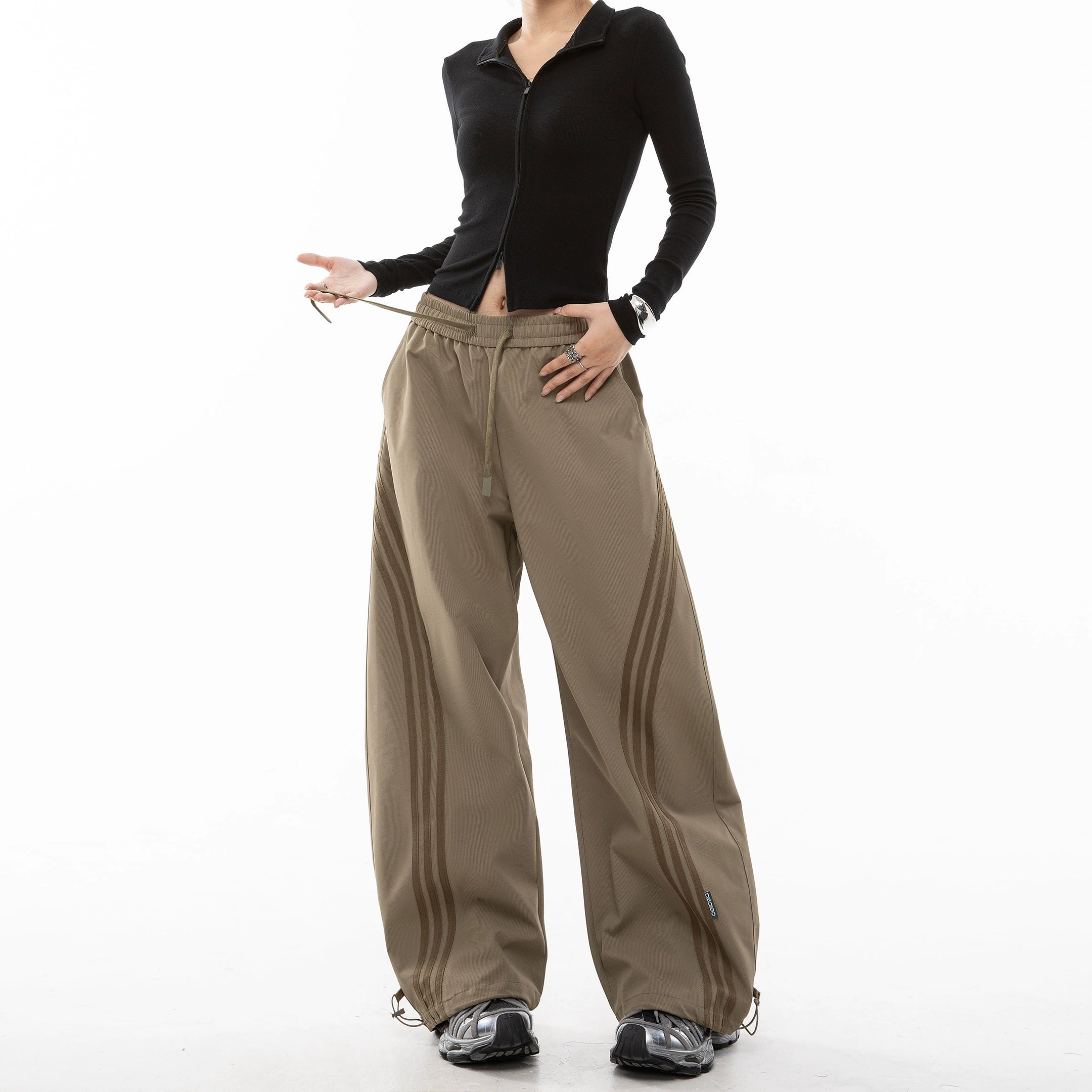 ICH MODE 美式复古条纹休闲裤女秋冬宽松直筒裤百搭阔腿裤运动裤