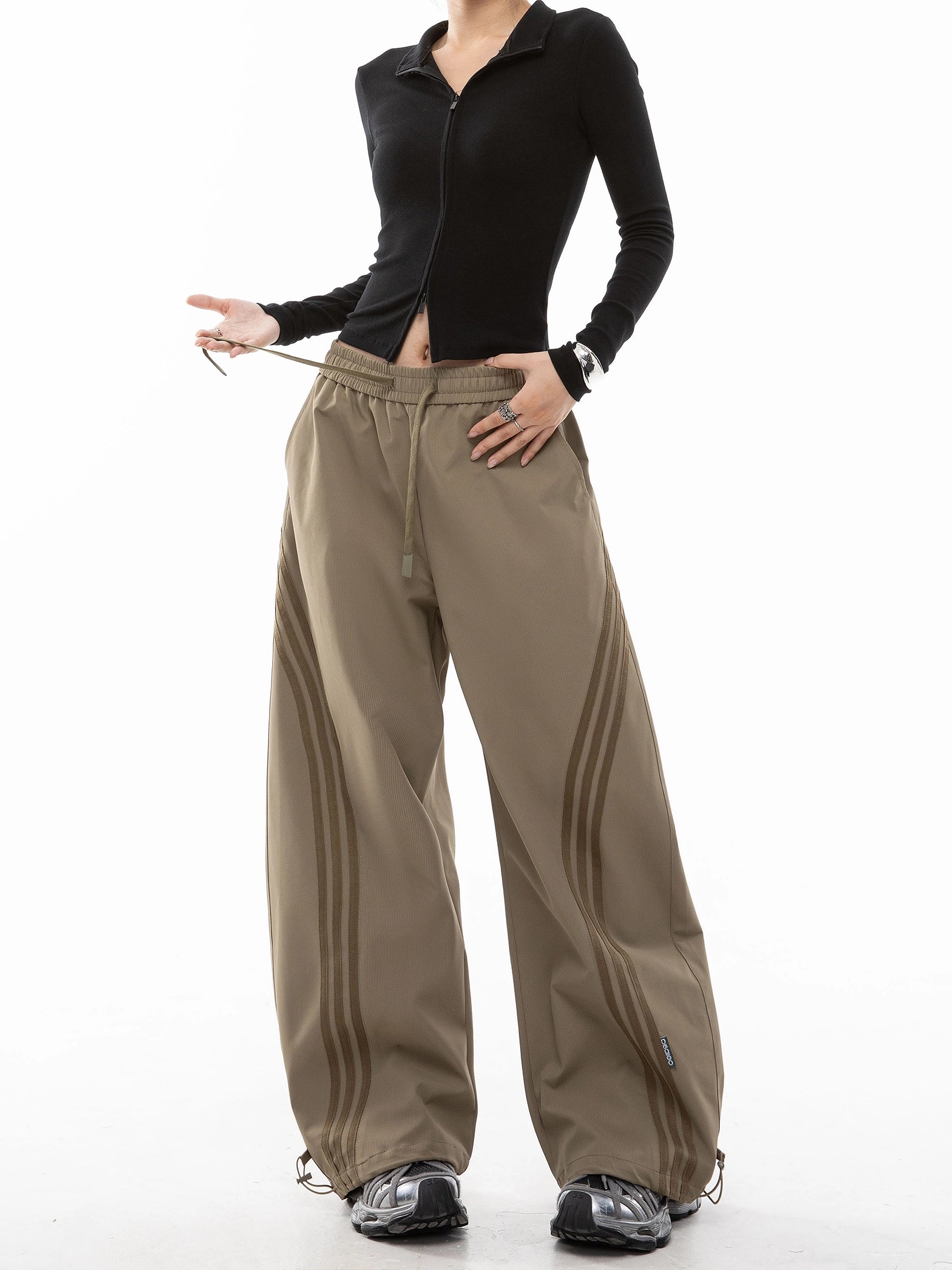 ICH MODE 美式复古条纹休闲裤女秋冬宽松直筒裤百搭阔腿裤运动裤