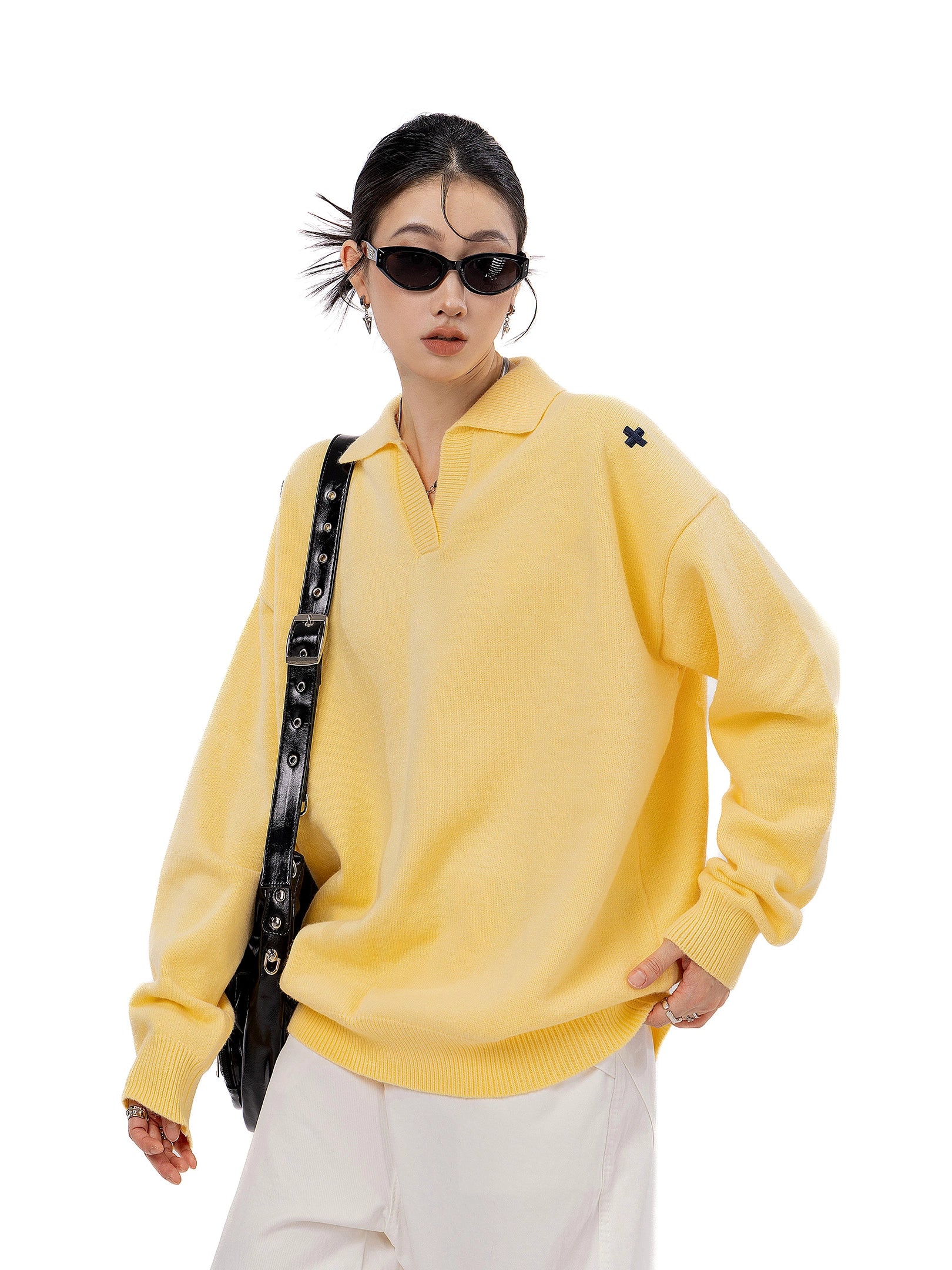 ICH MODE 美式V领套头毛衣外套女秋冬季新款休闲慵懒毛针织衫上衣