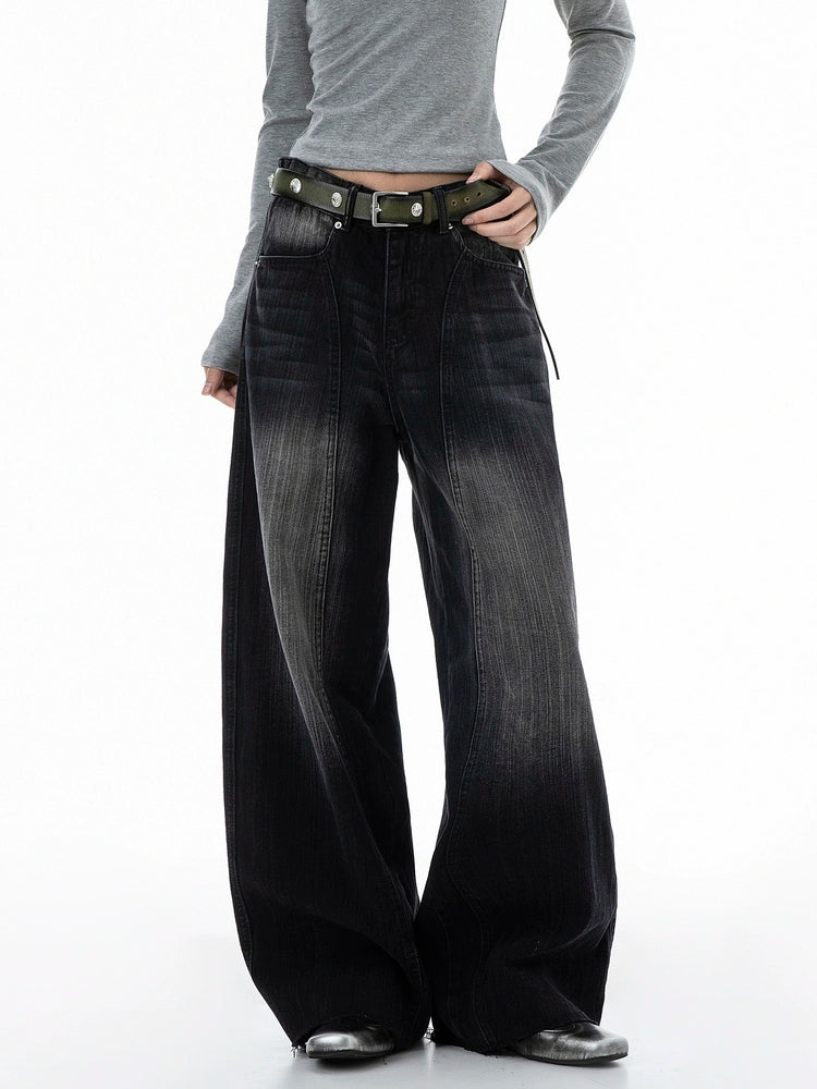 ICH MODE 美式复古水洗牛仔裤女秋冬宽松直筒裤弯刀裤休闲阔腿裤