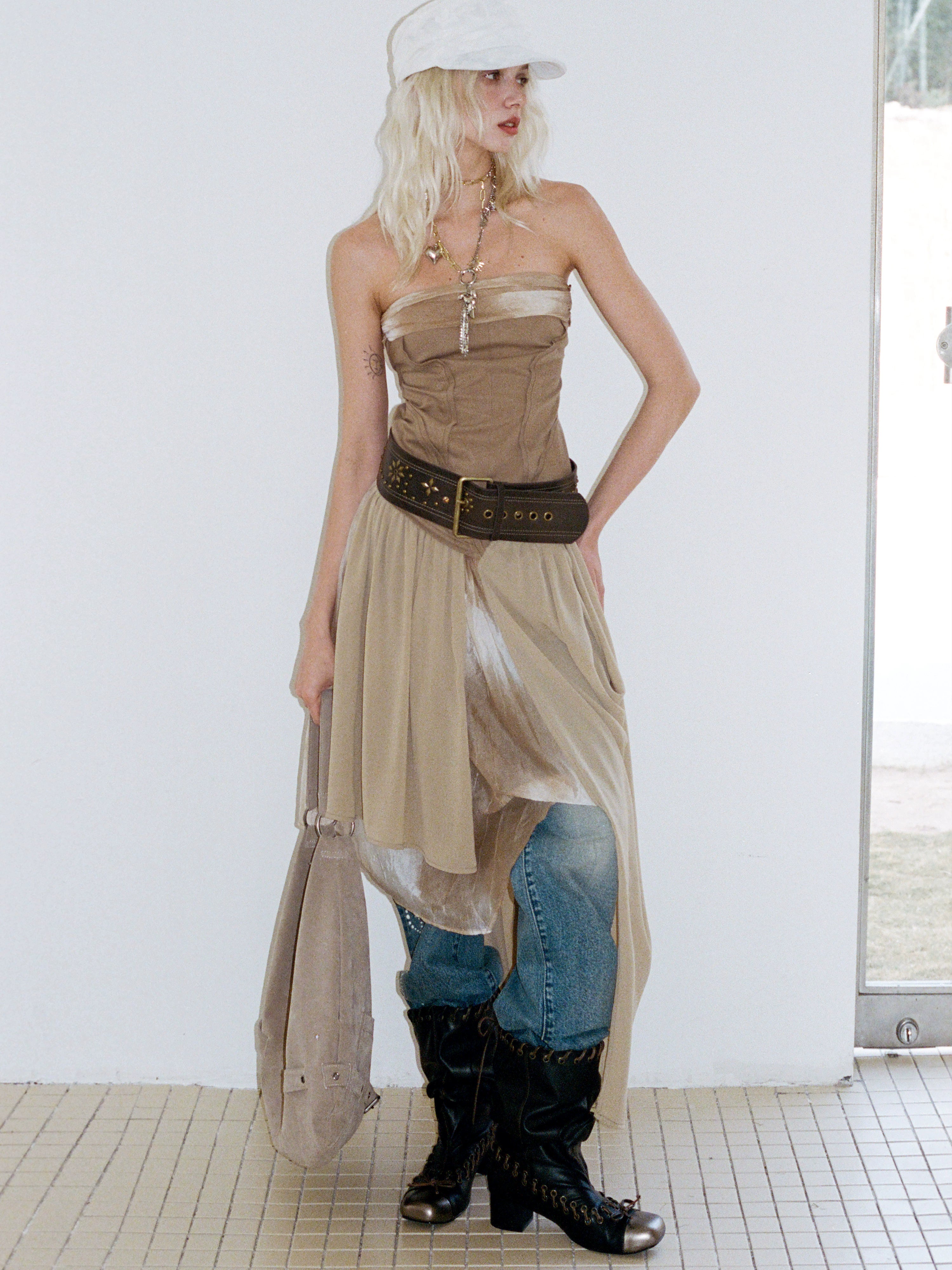 2th Desire复古解构流浪风晕染印花不规则抹胸褶皱拼纱连衣裙女