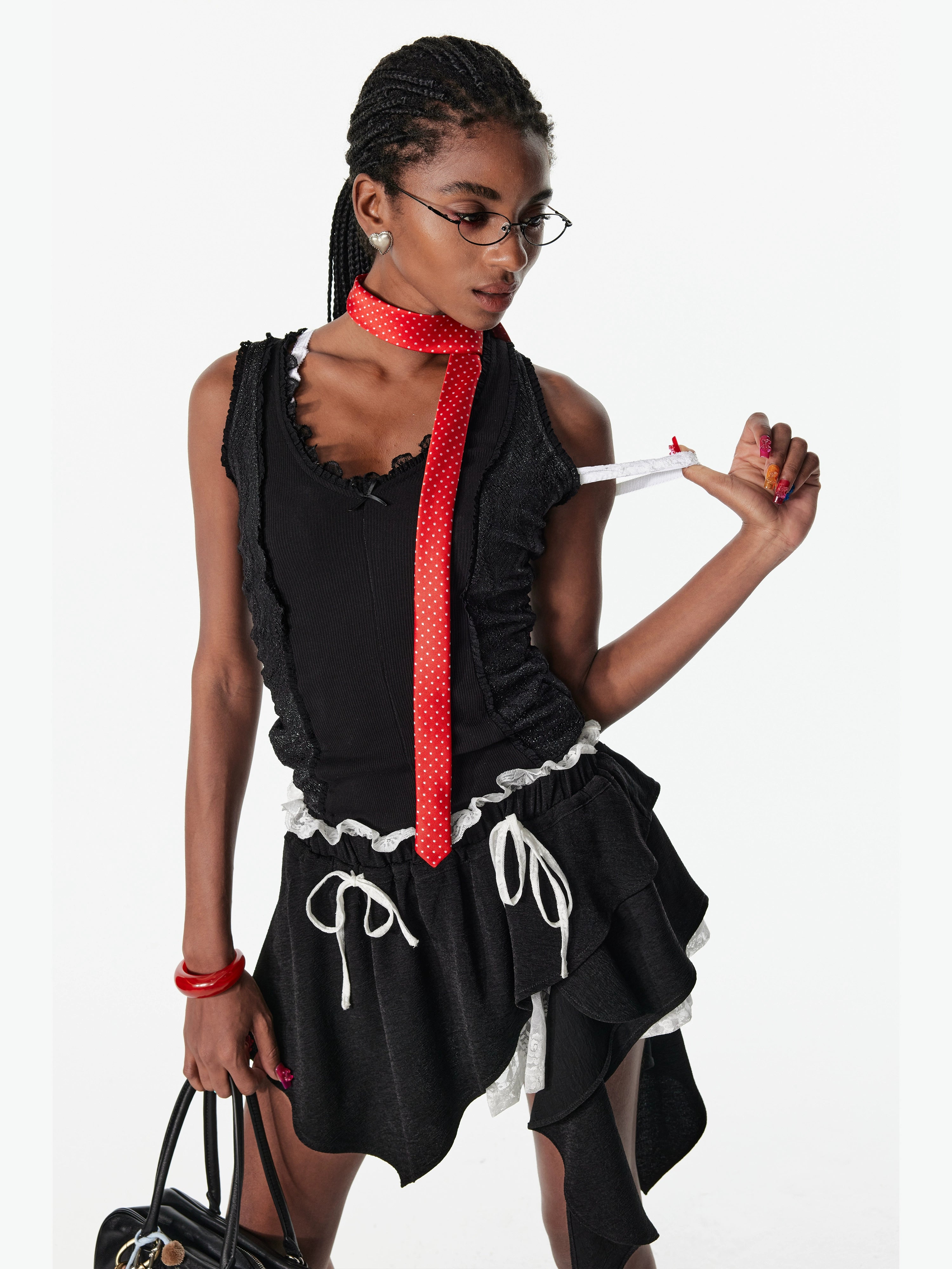 2th Desire蕾丝拼接镂空亮闪工字吊带背心弹力露背内搭外穿上衣女