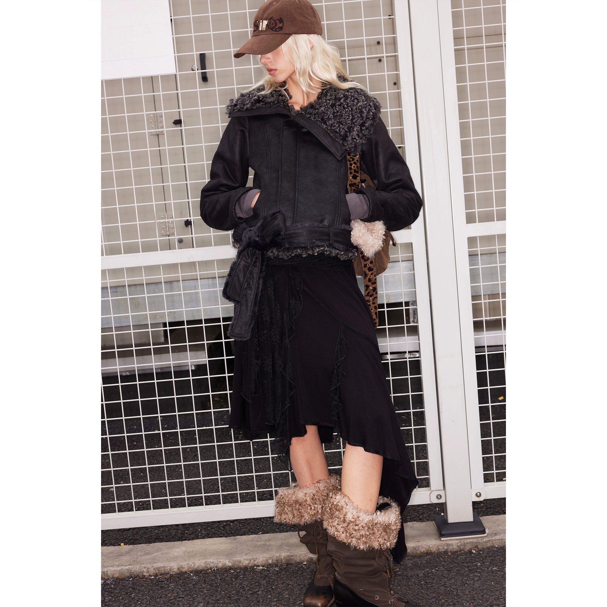 2th Desire不对称毛绒翻领皮毛一体外套加绒加厚短款修身机车夹克