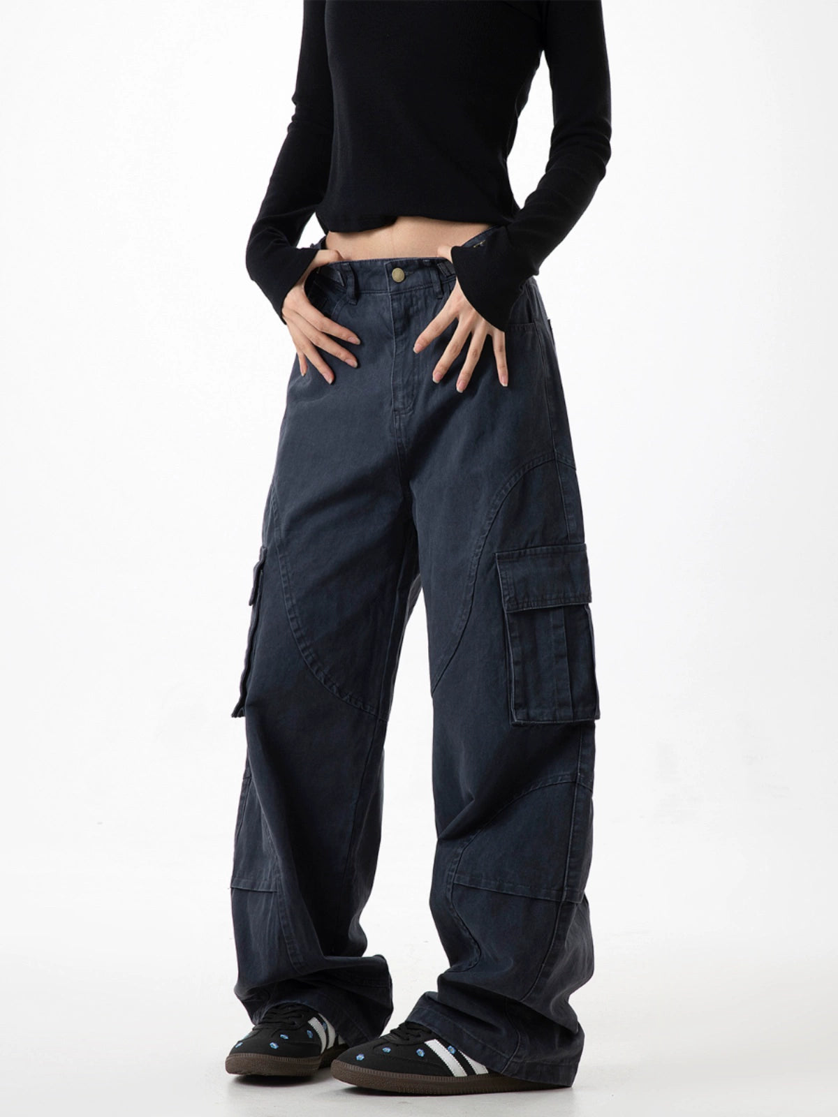 ICH MODE 美式复古口袋工装裤女宽松直筒阔腿运动休闲裤2025新款